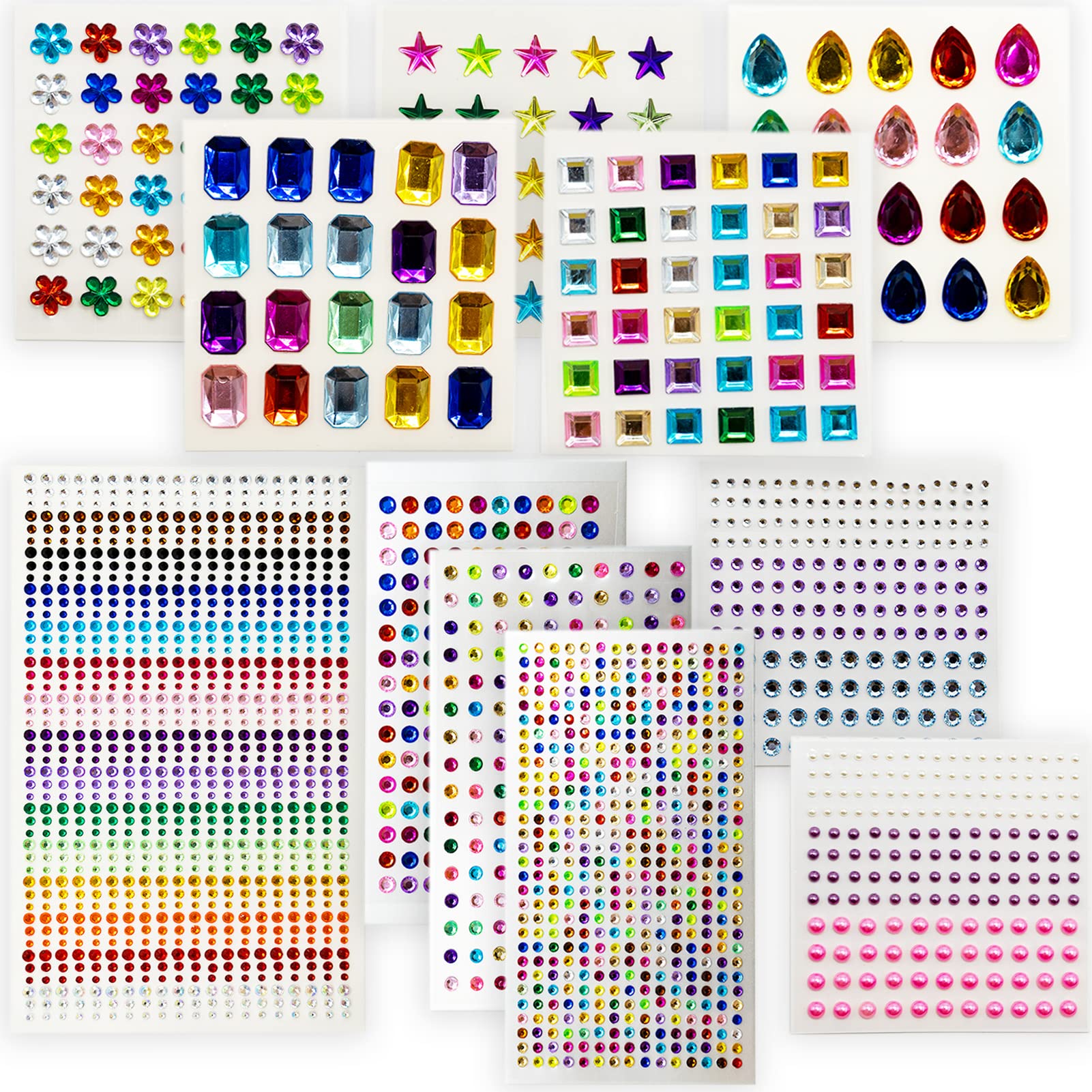 Rhinestone Stickers Self-Adhesive, 1099pcs Gem Stickers Jewels Stickers Rhinestone Crafts Bling Crystal Stickers Multicolored and Assorted Shapes Gems Stickers for DIY Craft Nail Body Makeup