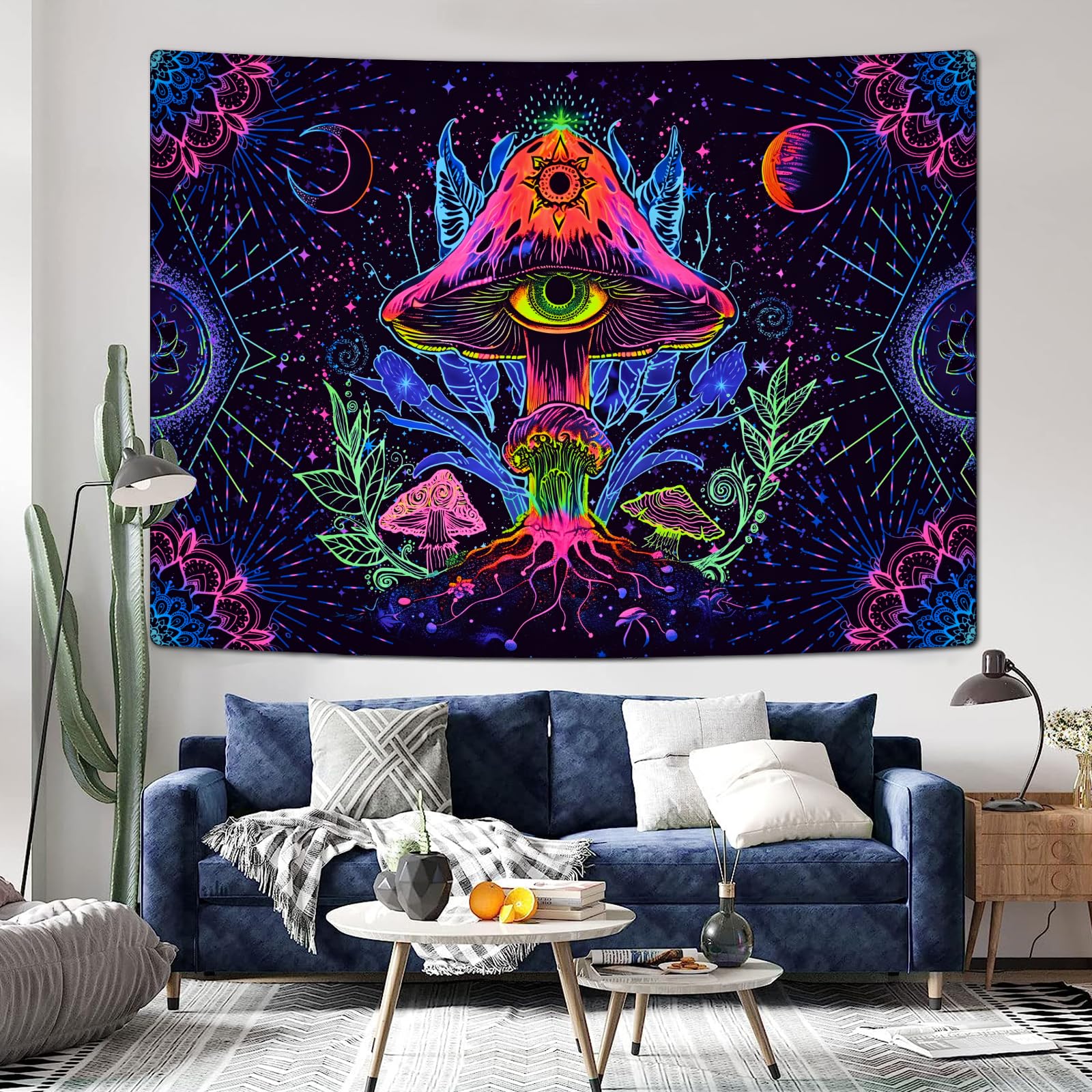 Tapisserie Murale Champignons Lumière Noire - 150x130cm - Phosphorescente UV - Déco Psychédélique