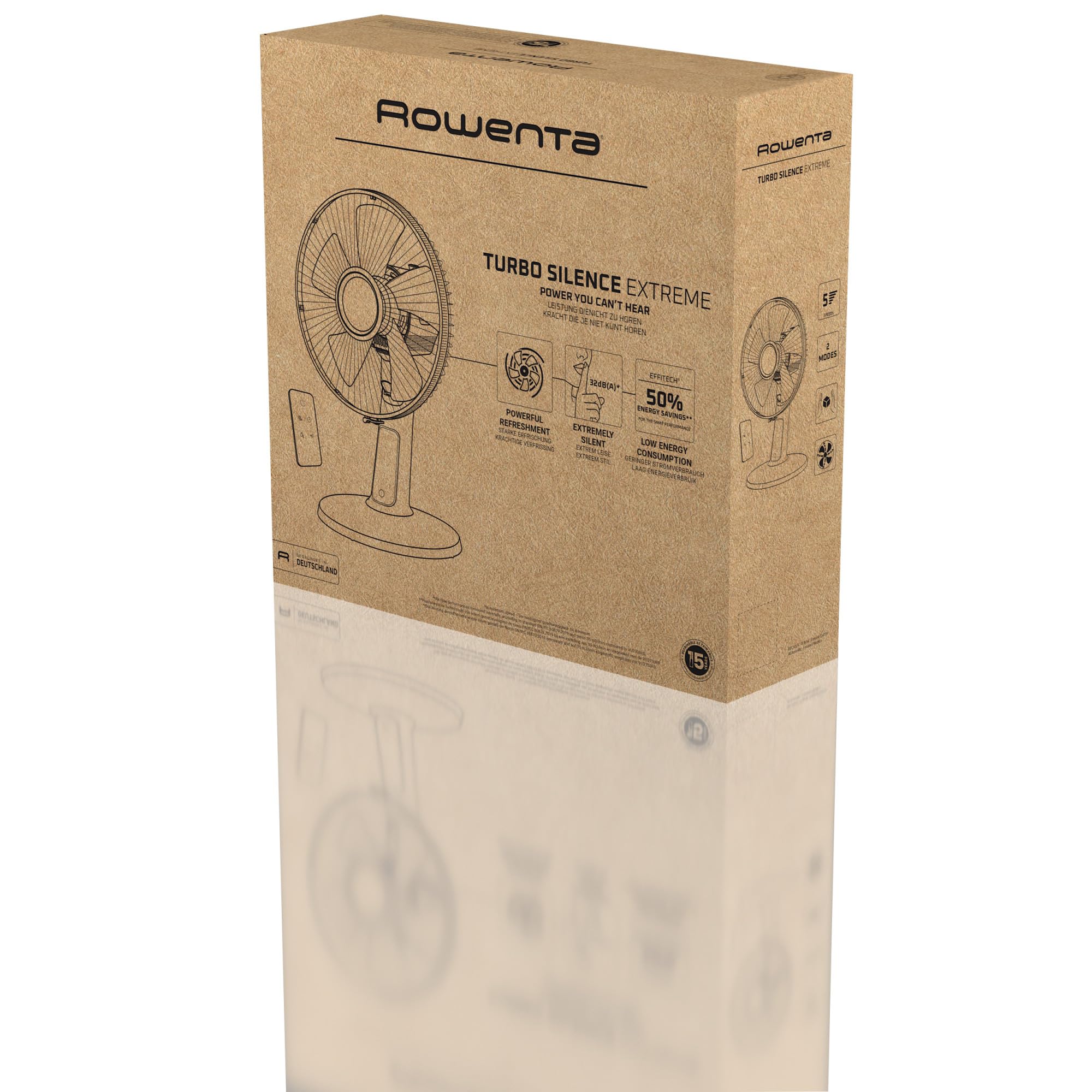 Rowenta Turbo Silence Extreme, Ventilatore da Tavolo Silenzioso a 2 modalità e 5 velocità, Motore Effitech per Risparmio Energetico, Oscillazione a 120°, VU2750F0