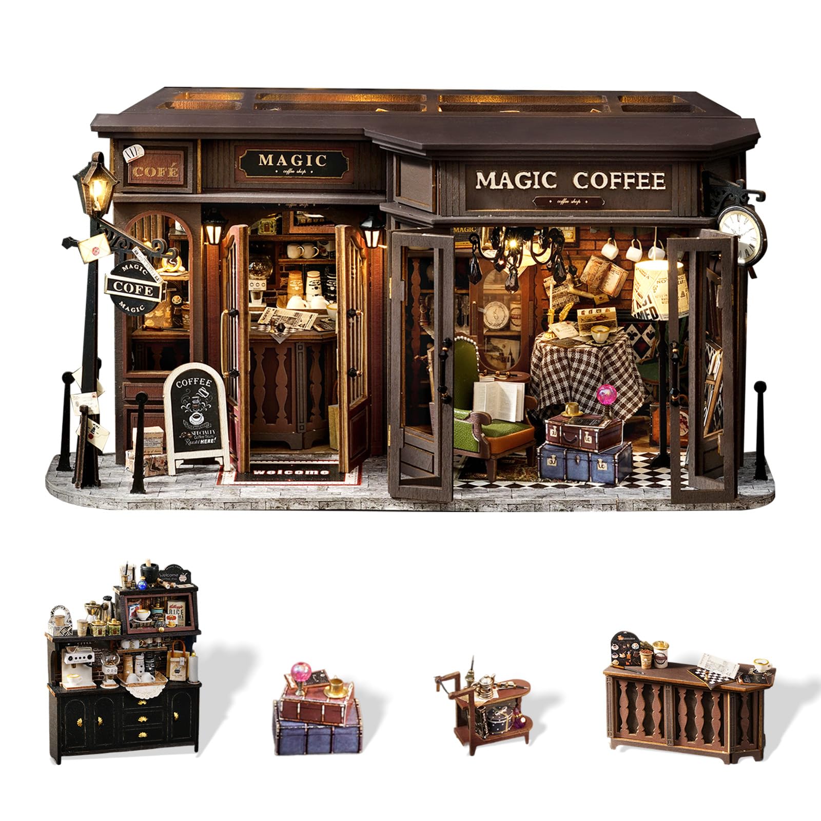 Fsolis DIY Puppenhaus aus Holz, Maßstab 1:24, Puppenhaus-Miniatur mit Möbeln und Staubschutz, handgefertigtes Handwerk, Miniatur-Puppenhaus-Set für Teenager und Erwachsene (Vintage Coffee Shop)