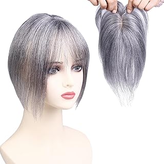 HIYE 部分ウィッグ 人毛100％ 白髪 ボリュームアップ 増毛 リアル人工皮膚 通気性 自然 薄毛 グレーヘア 女性用 ヘアピース ショート 分け目 トップカバー 軽量 ポイントウィッグ 前髪あり (白髪70％, 5×9cm)