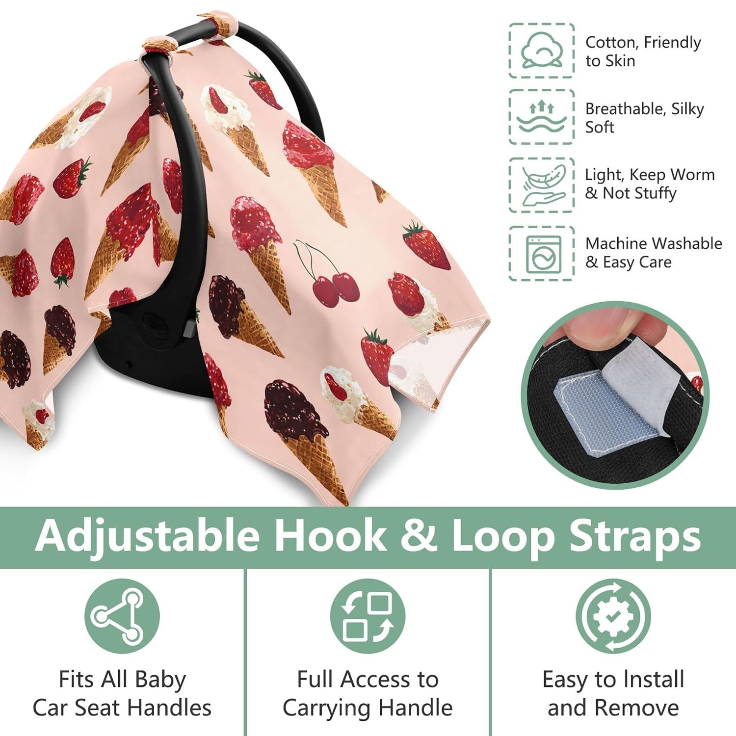 Summer Ice Cream Car Seat Cover Baby Breathable Soft Infant Carseat Covers Canopies Babies Carrier Covers for Girl Boy