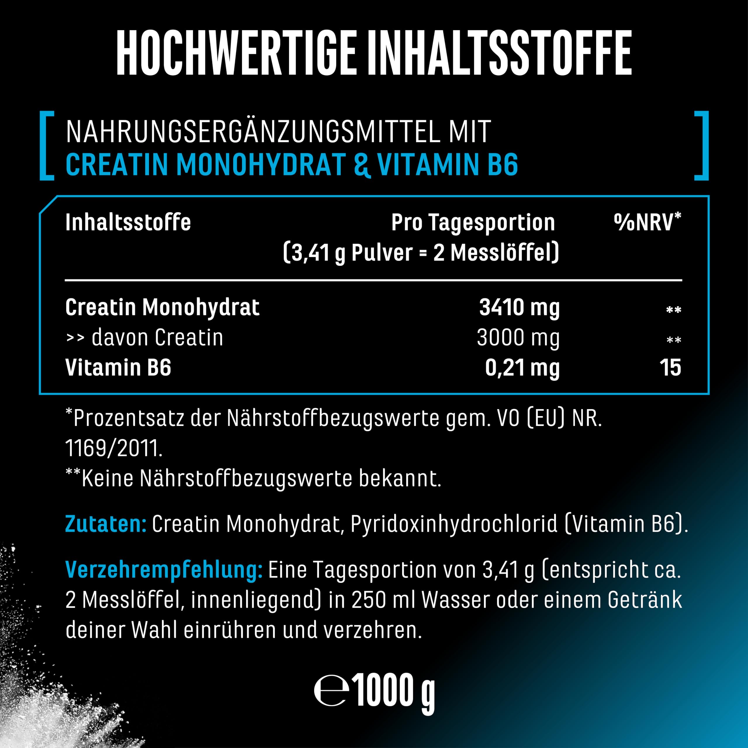 Creatin Pulver - 1kg / 1000 g - Creatine Monohydrat Pulver - Optimale Löslichkeit & mikrofein - Vegan - 293 Anwendungen - German Elite Nutrition | 293 Portionen, mikrofein löslich, Mesh Faktor 200, vegan, ohne Zusätze