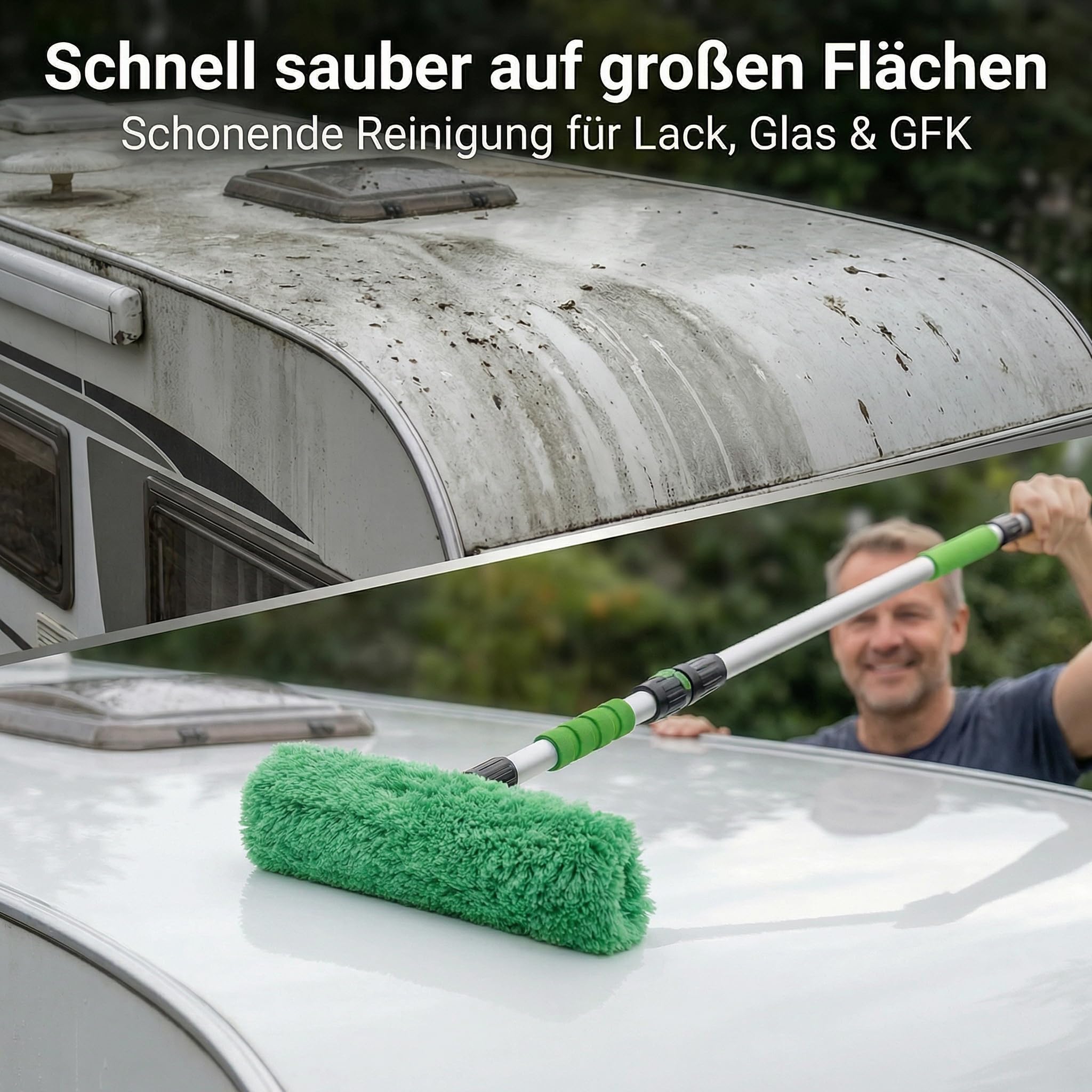 Richter Chemie Teleskop-Waschbürste mit Wasseranschluss, 139–240 cm | Stufenlos verstellbar, Stop-Ventil, Weiche Borsten, Aluminiumstiel mit Softgriff, für Wohnmobil, Boot, LKW & Solarpanel