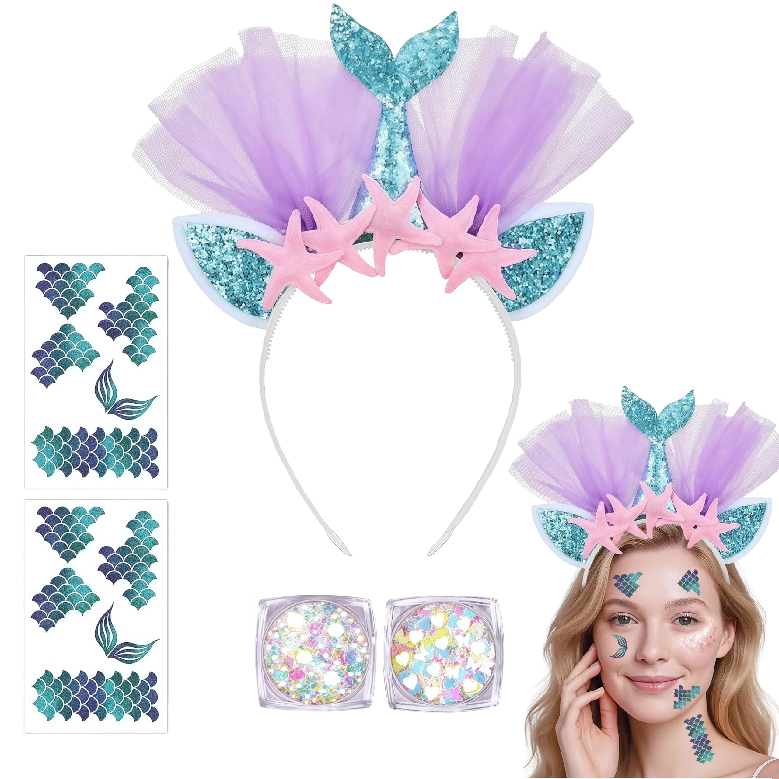 – Mermaid Costume Set Women Girls, Headband with Glitter Gel & Face Tattoos for Carnival Fancy Dress Mermaid Accessories