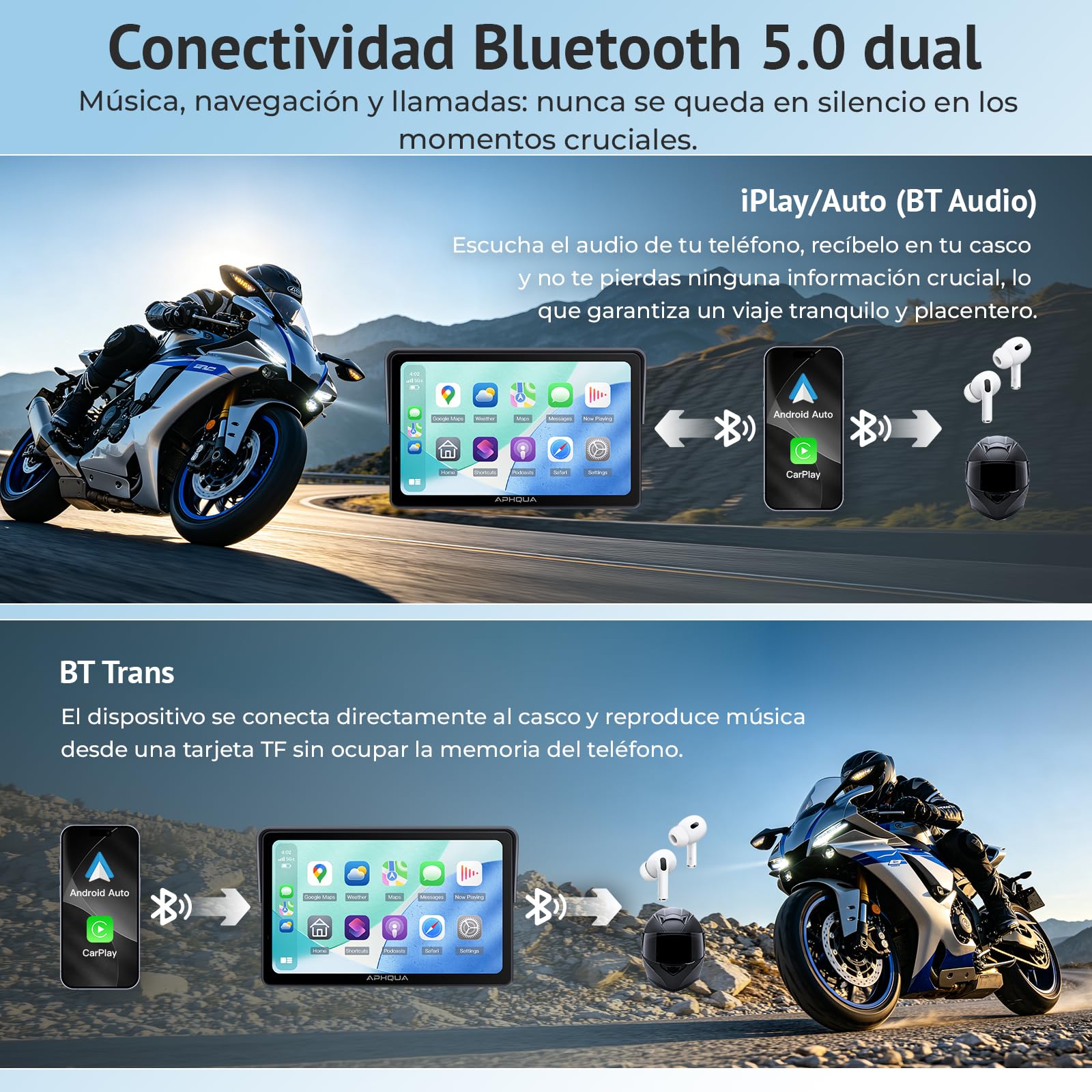 Pantalla Carplay para motocicleta, pantalla táctil impermeable de 7 pulgadas, sistema de control de presión de los neumáticos (TPMS), CarPlay inalámbrico y coche Android para moto, doble