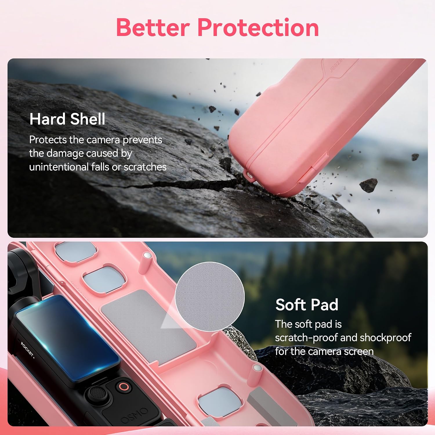 AMAZEAR Portable Protective Case for DJI OSMO Pocket 4/3/Xtra Muse Accessories, Hard Cover with Silicone Lining for 7 Lens Filters, Wide-Angle Lens, MicroSD Card, Easy Carry Storage Travel, Pink