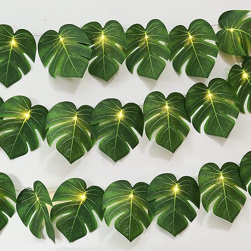 Miniatura 8 de Tira de 20 luces LED de hoja de Monstera hojas de palma de ratán artificial tropical hojas de vid para colgar en la pared decoración de verano para