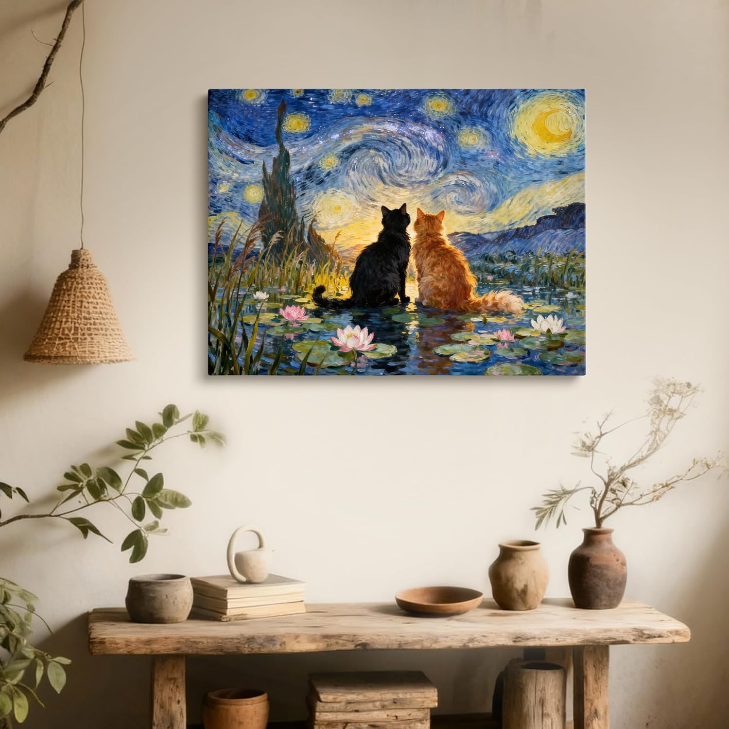 TimAsh Starry Night Cat Canvas Art, Van Gogh Black Cat & Orange Cat Painting – Vintage Abstract Aesthetic Print for Farmhouse, Living Room, Bedroom, and Office Wall Decor 24L x 16W