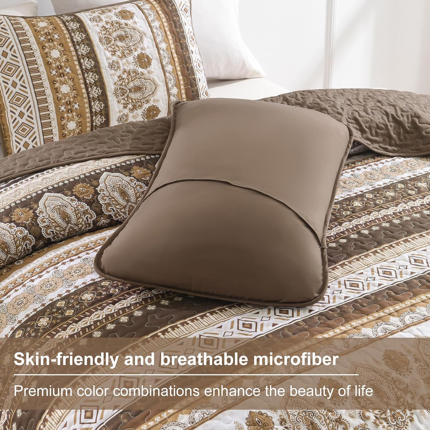 Goodidea Boho Quilt Set King Size, Brown Striped Microfiber Bedspread | Quilt Set King Size 104" x 90" with 2 Pillowshams, Machine Washable for Easy Care, Ideal for fall Bedroom and Guest Room
