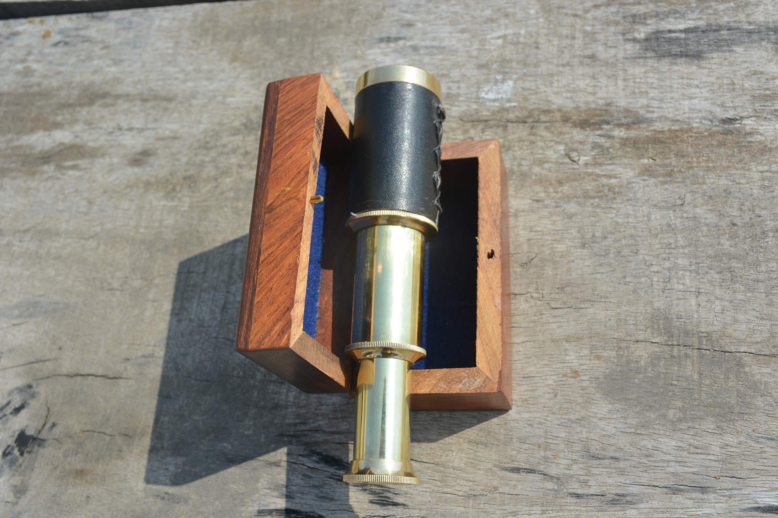 Nautical India 15cm Handheld Brass Telescope with Wooden Box - Pirate Navigation