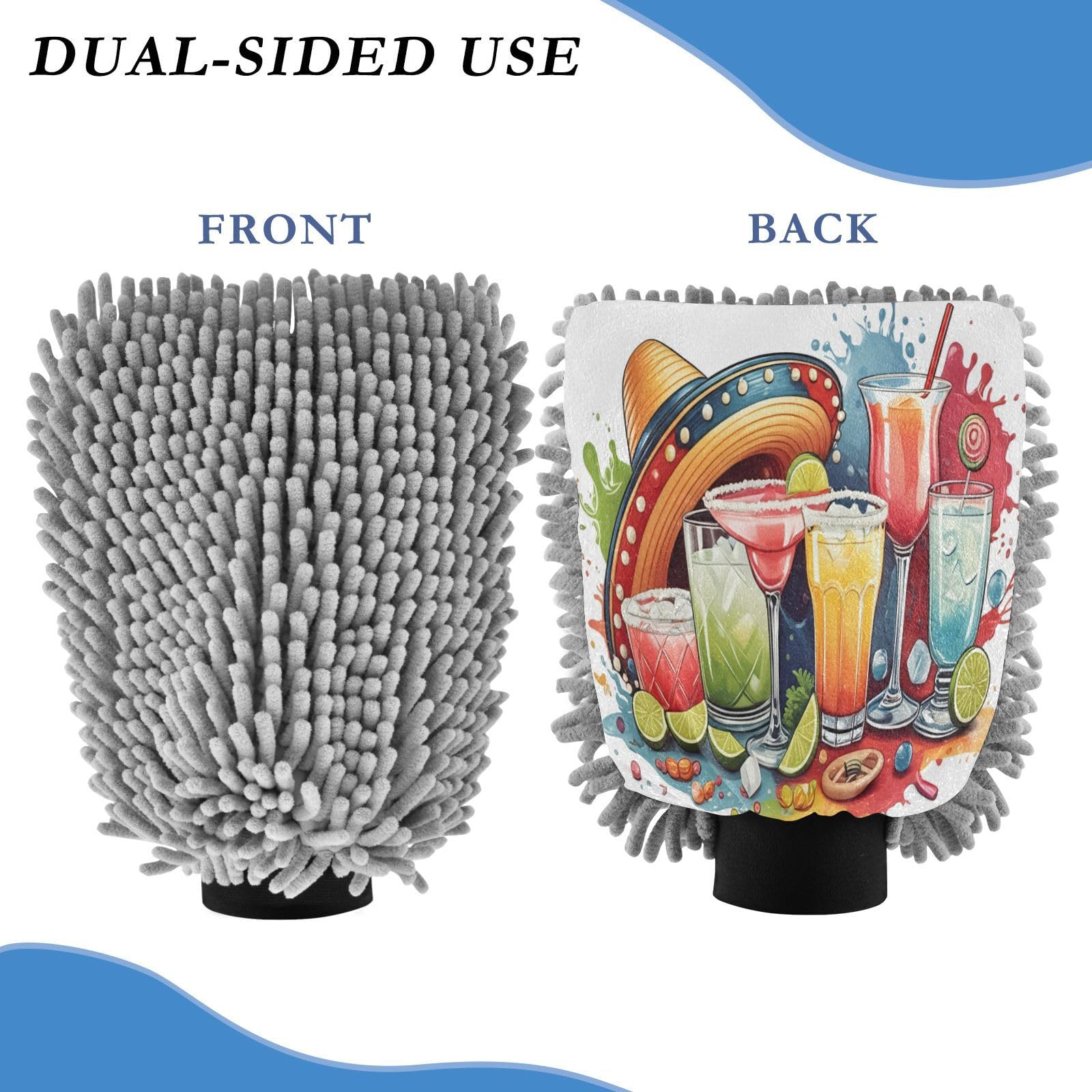 STAYTOP Cocktail Pattern Car Wash Mitt Microfiber, 2Pcs Scratch Free Lint-Free, Premium Chenille Microfiber Mitt Car Wash Brush-L