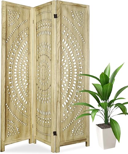 ECOMEX Divisores de habitación de madera de 3 paneles totalmente montados de 5.6 pies tallados y pantallas plegables, pantalla divisora de madera