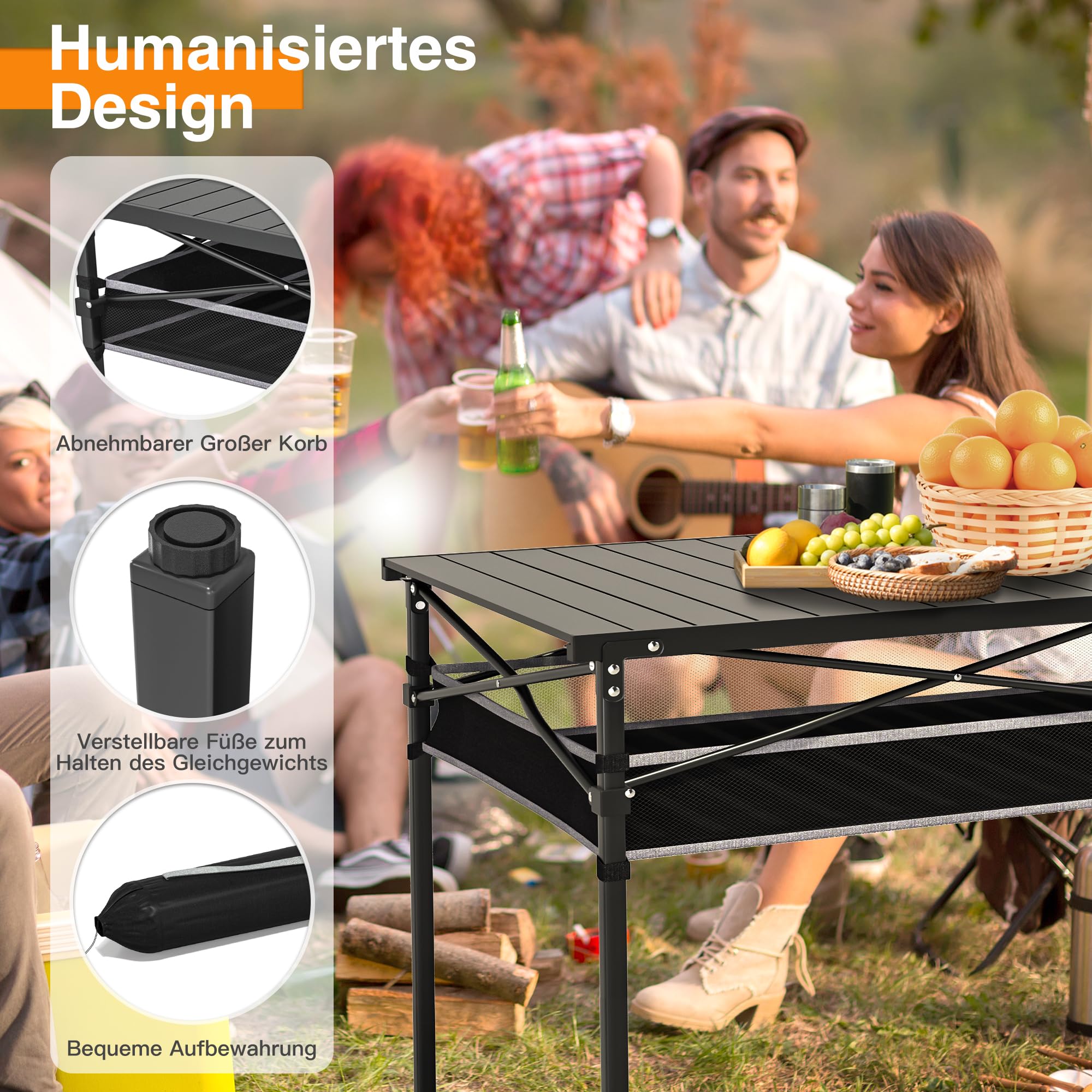 Campingtisch Klappbar mit Aluminium Aufrollbare Tischplatte, Camping Rolltisch Faltbar für 4-6 Personen mit Netztasche, Klapptisch Camping mit Tragetasche bis 100KG