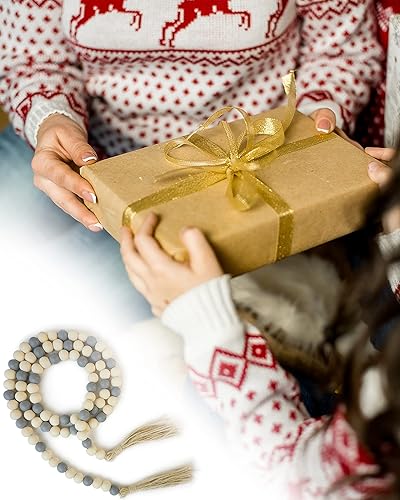 Miniatura 7 de Guirnalda de cuentas de madera con borlas, guirnalda de cuentas de madera de 61 pulgadas, decoración moderna de granja, decoración bohemia para el