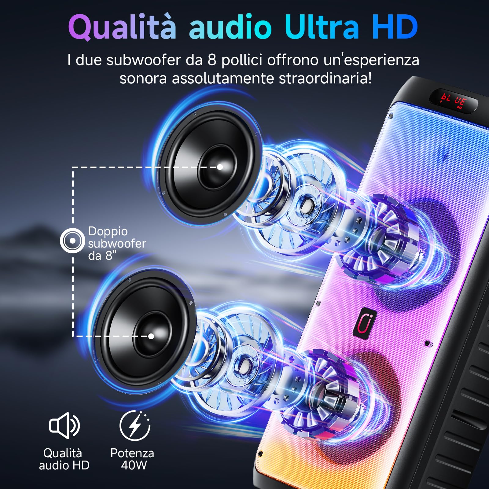 JYX Sistema Karaoke con 2 Microfoni Wireless, Altoparlante Karaoke Bluetooth Portatile Professionale con Luci LED, Ideale per Feste in Famiglia e Regali, Supporta USB/TF/AUX/MIC/TWS