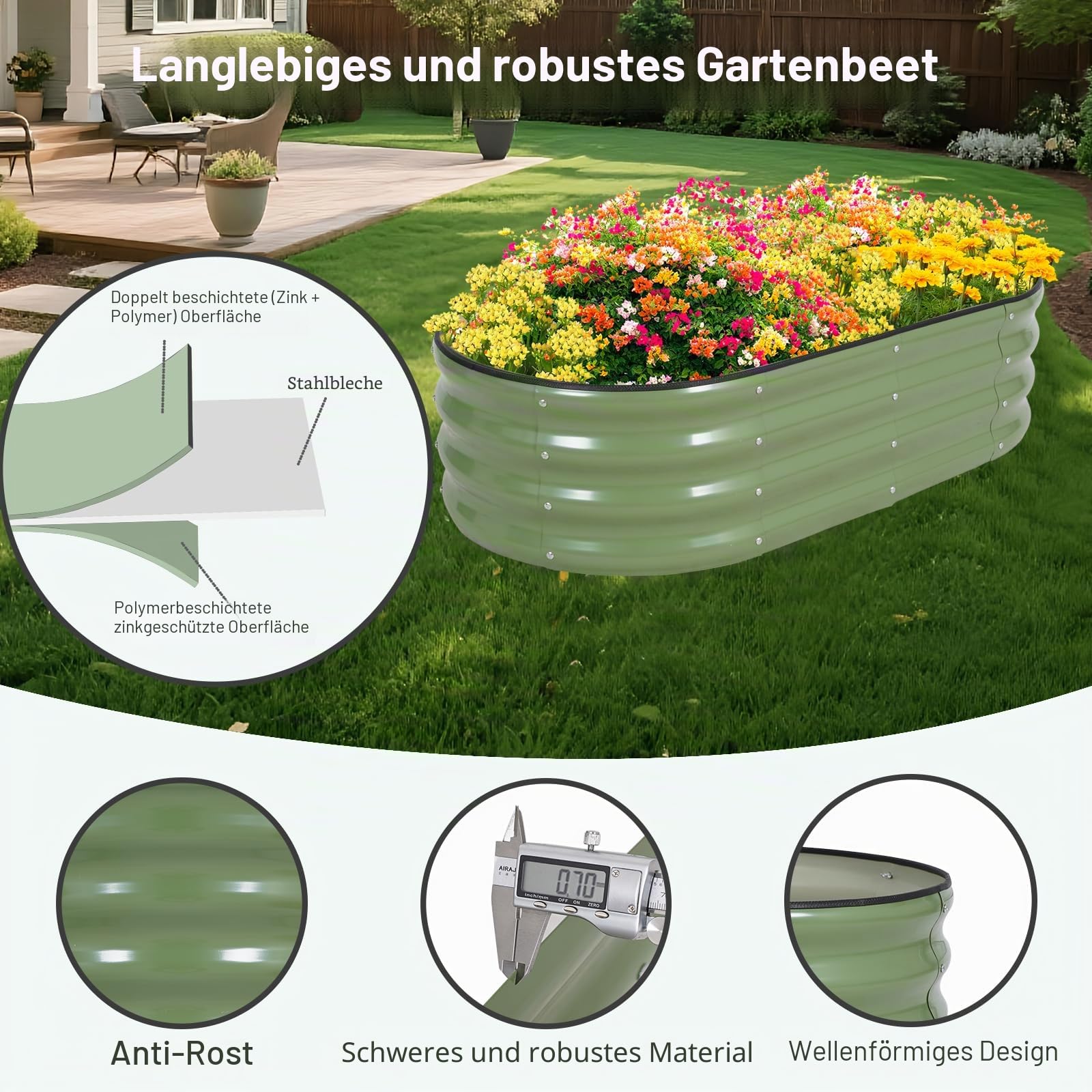 Galvanisiertes Hochbeet Kit - 120 x 60 x 30cm Outdoor Metall Pflanzkasten mit Sicherheitsrand und Handschuhe für Gemüse, Obst, Blumen, Kräuter (Oliver Grün, 3PCS)