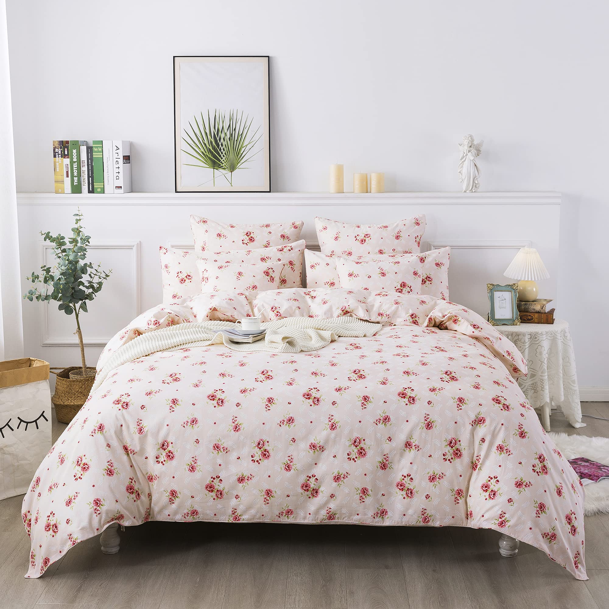 FADFAY Pink Rose Floral Duvet Cover Set Twin XL Romantic Shabby Floral Bedding Elegant Vintage Farmhouse Bedding 100% Cotton Hypoallergenic Comforter Cover Set with Zipper Closure 3Pcs, Twin XL Size