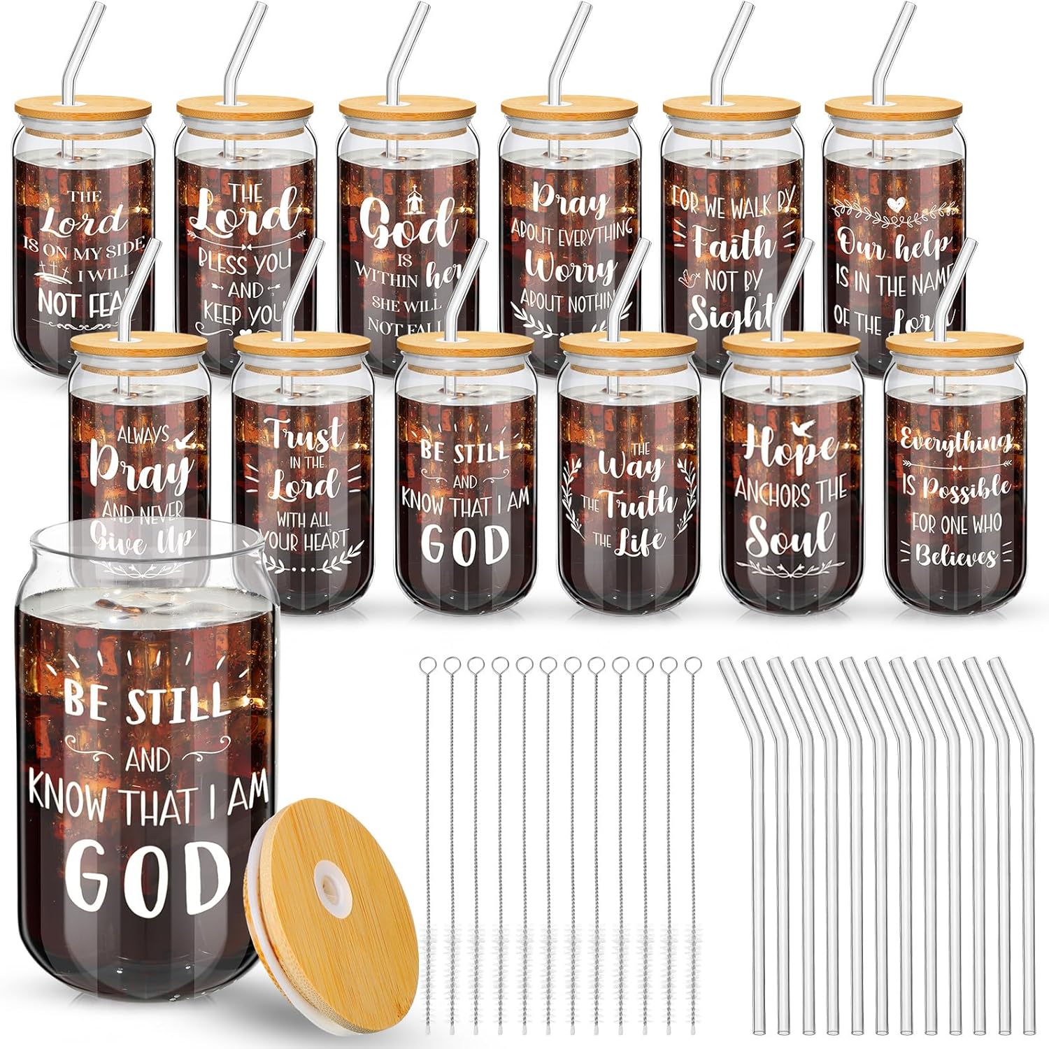 12 Pcs Christian Gifts for Women Religious Glass Cups 16 oz Coffee Glasses with Bamboo Lid and Glass Straw Drinking Jars Birthday Gift for Women Coworker Employee Easter(Cute)