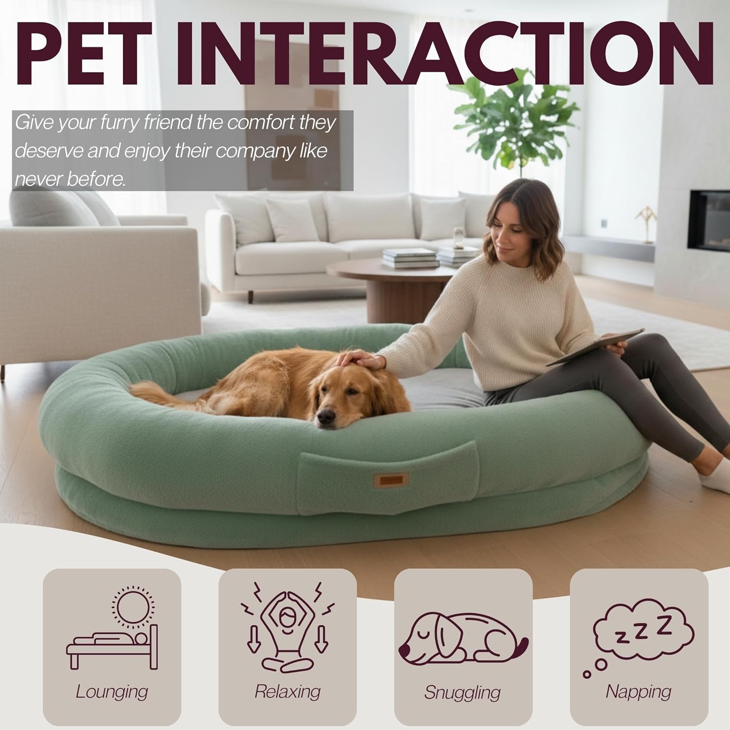 Human Dog Bed for Adults & Pets – Extra Large Cozy Lounger with Ultra-Soft Plush Fabric, Premium Egg Crate Foam & Removable Washable Cover – Oversized Pet Bed for Relaxation & Bonding (Green & Beige)