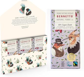 Bennetto 82% Super Dark. Exceptionally dark organic chocolate with 82% cocoa. Certified organic, Fairtrade, and net climate positive. 6 x 80g Bars.