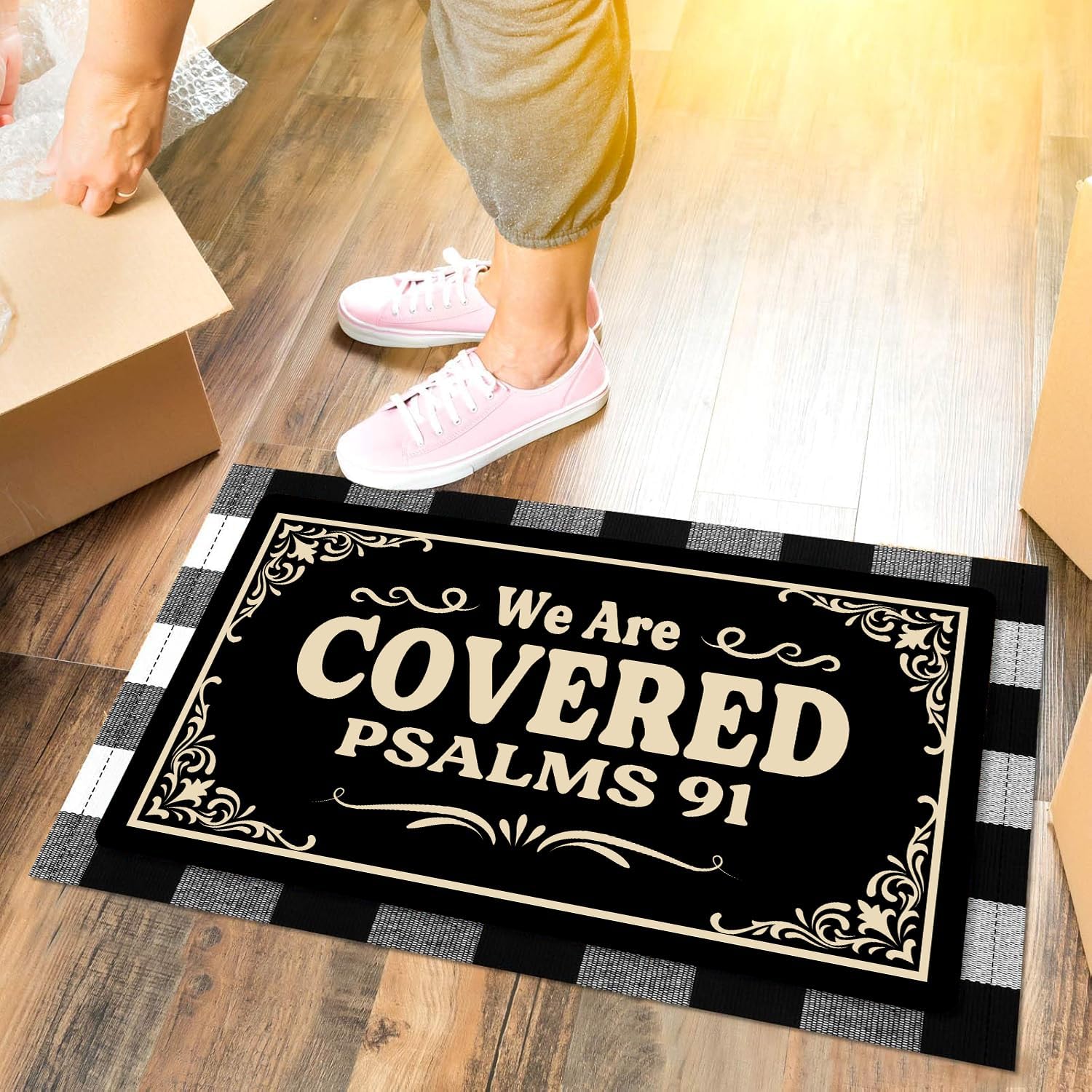 Funny Front Door Mat We are Covered Psalm 91 Custom Doormat, Cute Welcome, Non-Slip Indoor & Outdoor, 17x30 Inches, Non-Slip Rubber Mat,Farmhouse Style Kitchen Rug