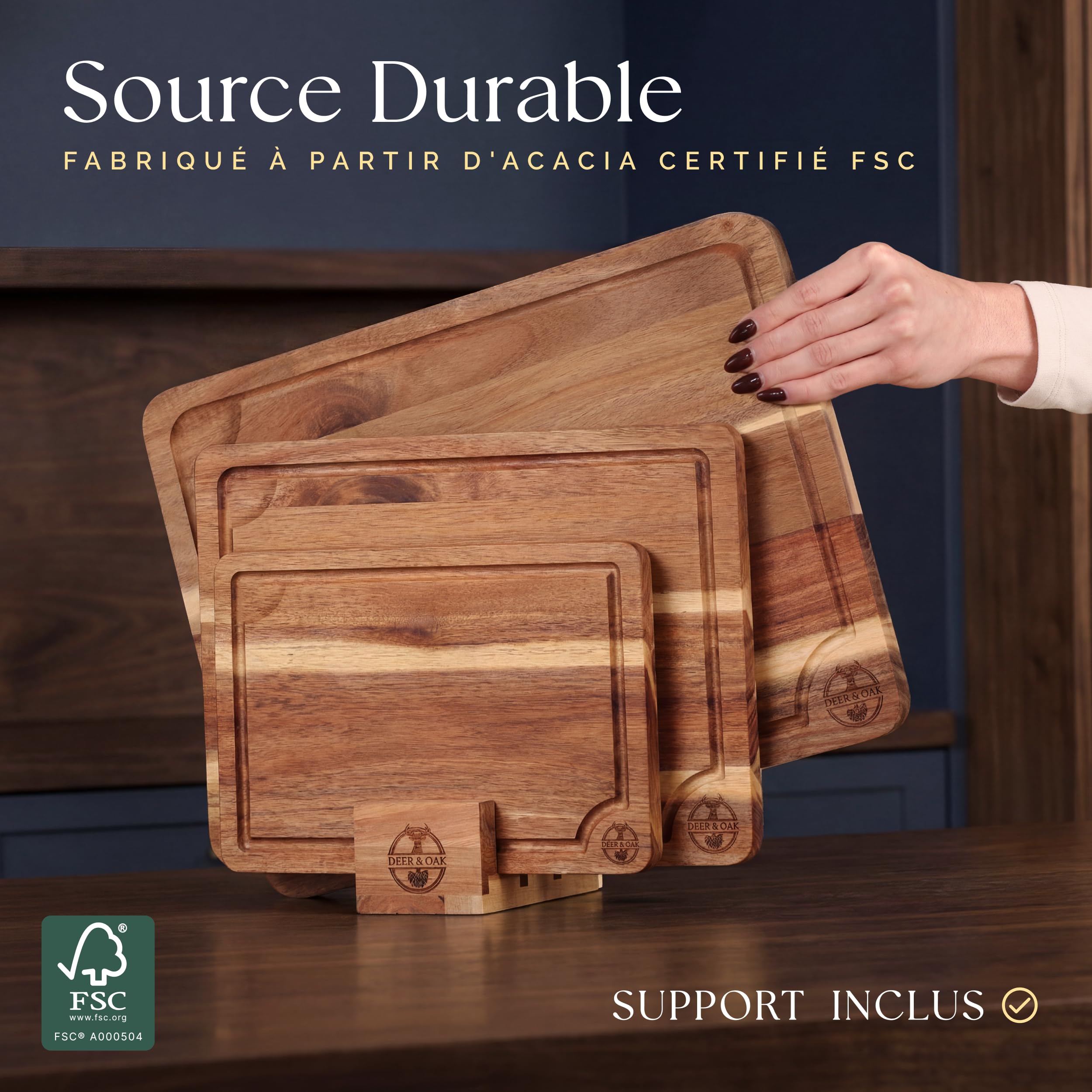 Ensemble de 3 planches à découper en acacia pré-huilées, non toxiques avec support, planches à découper en bois certifiées FSC, comprend 100 ml d'huile pour planche à découper, 3 planches de sculpture