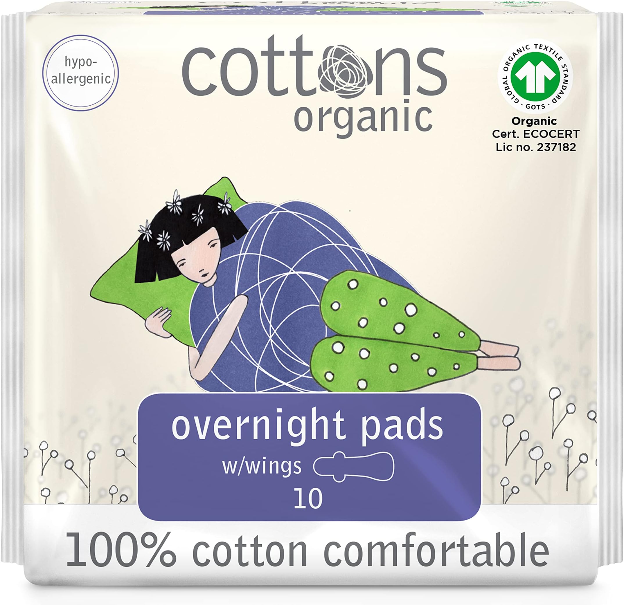 Cottons, 100％天然コットンのカバーシート、羽付きオーバーナイトパッド、ヘビー、10枚
