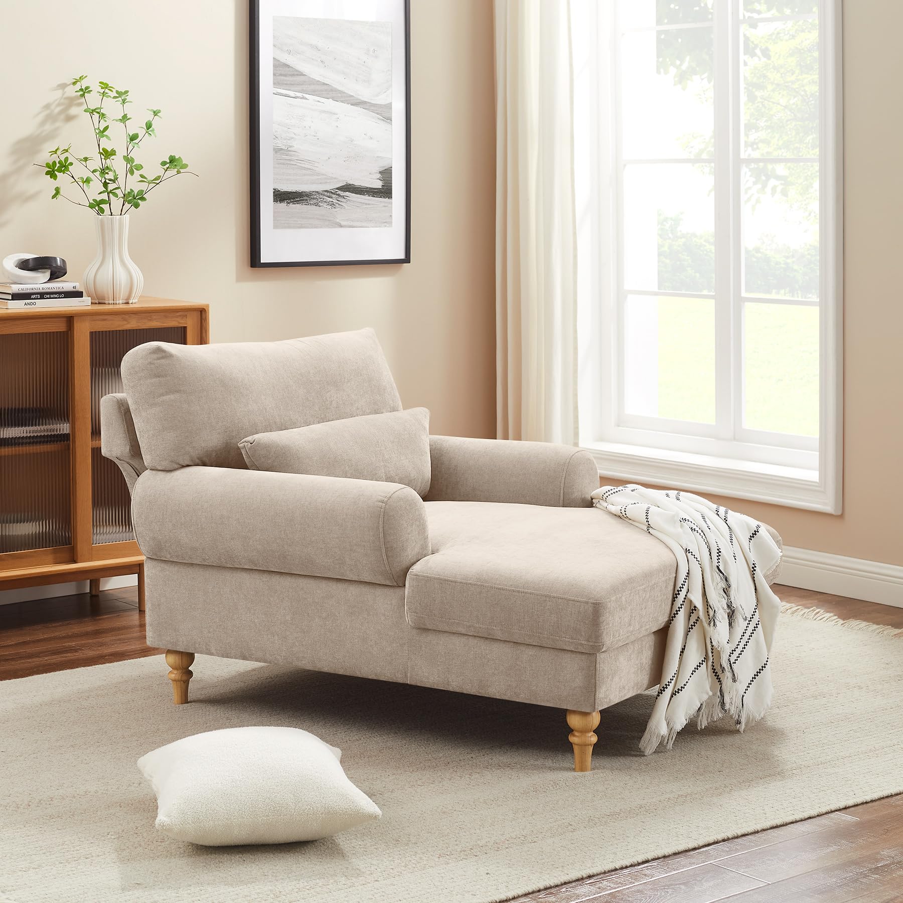 Modern Chaise Lounge Chair with Adjustable Backrest, Upholstered Indoor Leisure Sofa Recliner, Oversized Accent Chair Deep Seat Reading Armchair for Living Room, Bedroom, Office, Light Khaki