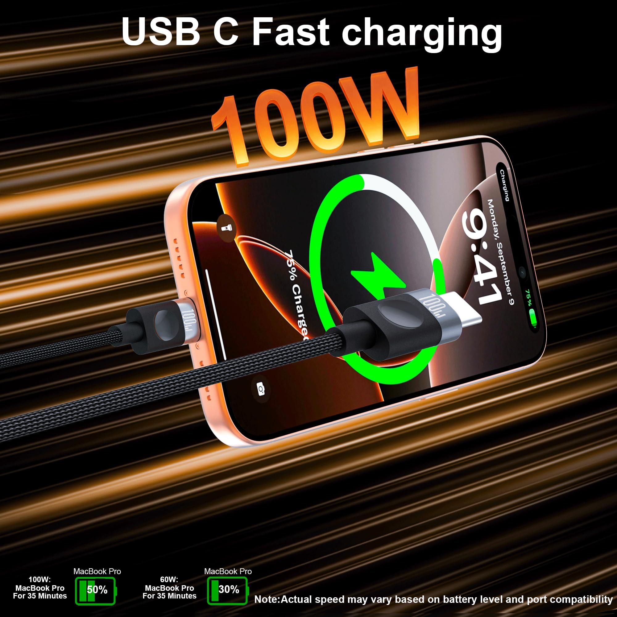 Cable USB C a USB C de 100 W, cargador tipo C de carga rápida (3.3 pies, paquete de 2) cable de nailon trenzado largo para coche, compatible con MacBook Pro/Air, iPad Pro, iPhone 17/16/15, Samsung S23