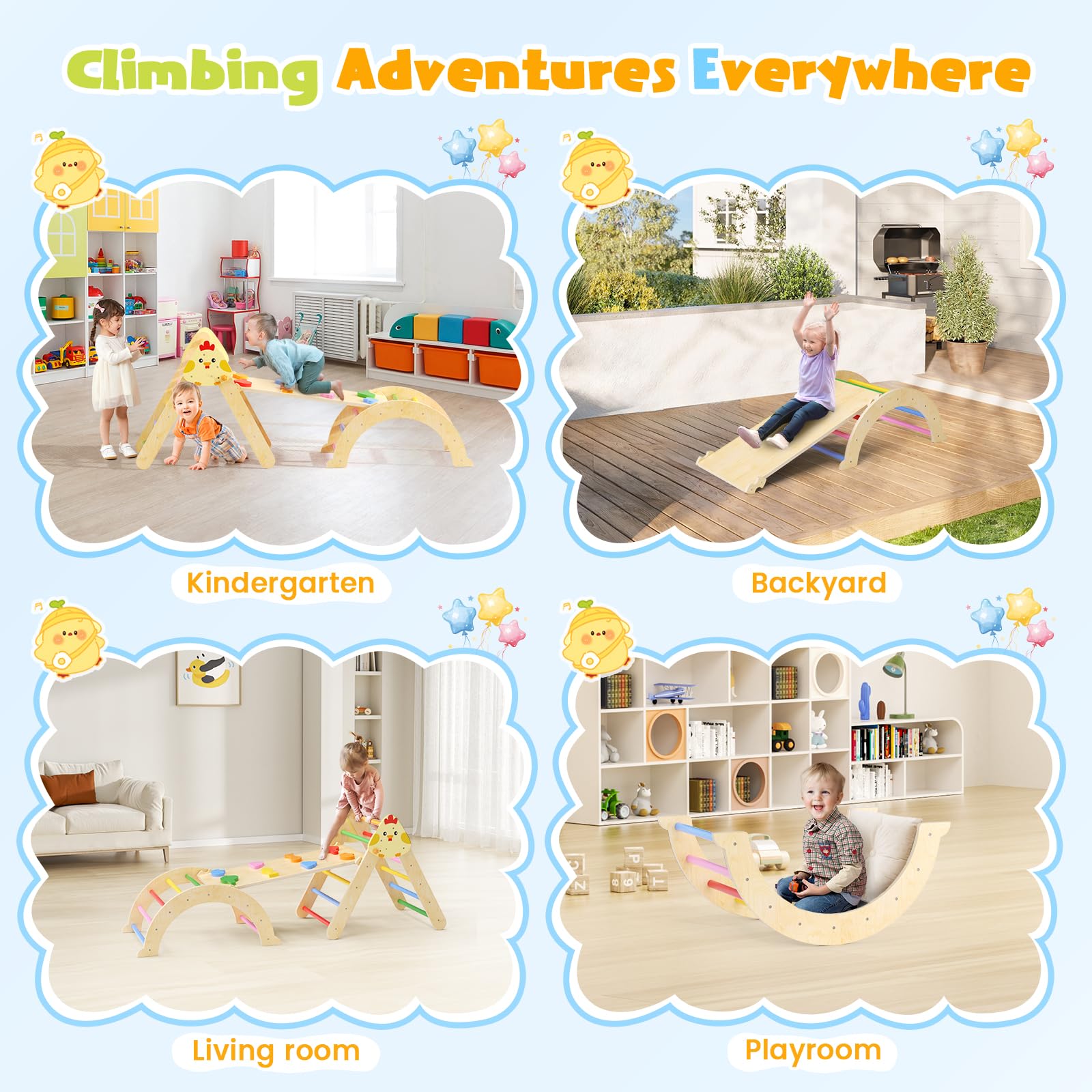 Lischwert Montessori - Struttura da arrampicata 7 in 1 per bambini, pieghevole, in legno, con rampa e arco, giocattolo Montessori per arrampicata e palestra per bambini (colori misti)