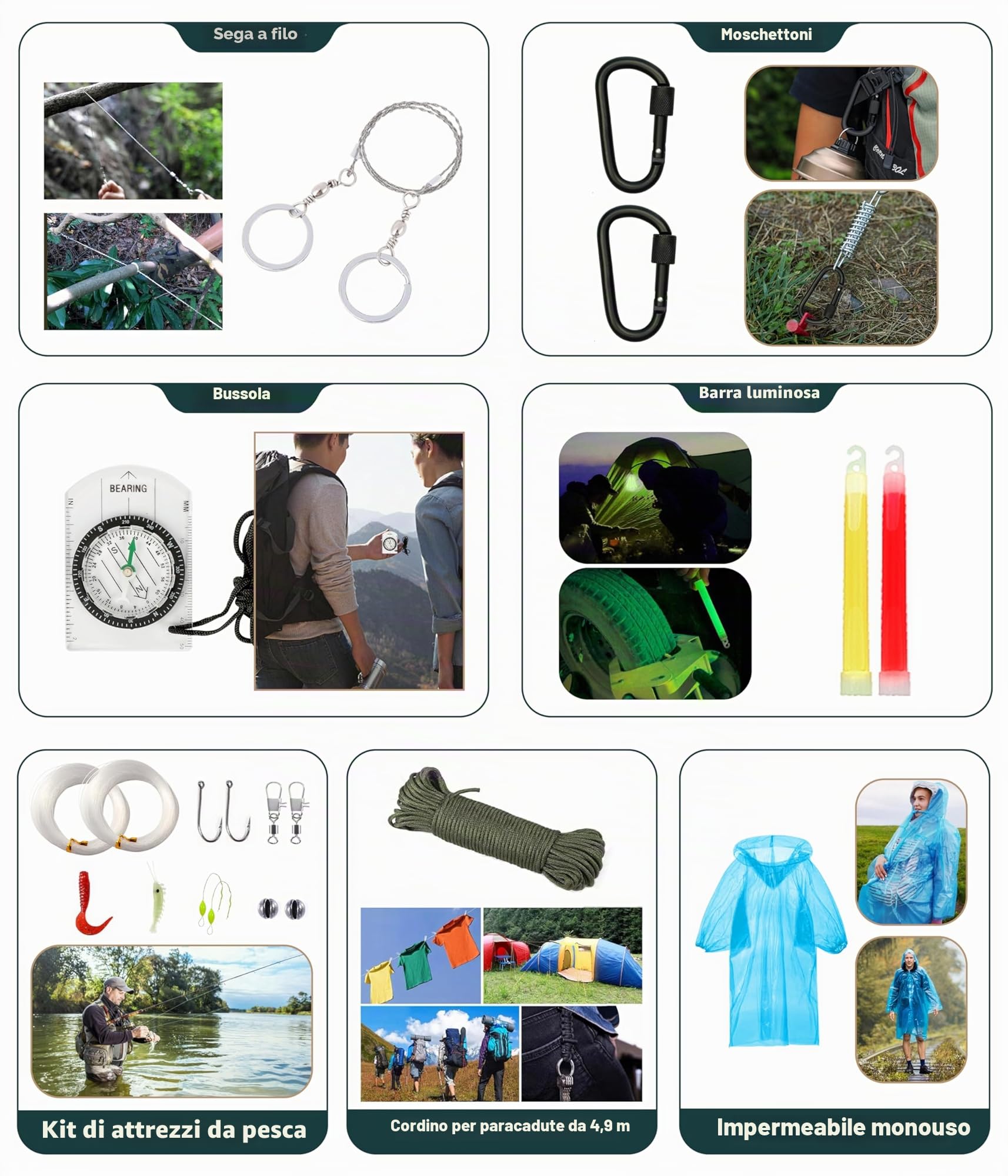 Kit di sopravvivenza, 262 pezzi attrezzi di sopravvivenza e forniture con borsa di pronto soccorso e borsa a tracolla, kit di emergenza con tenda, martello da campeggio, pala di sopravvivenza con