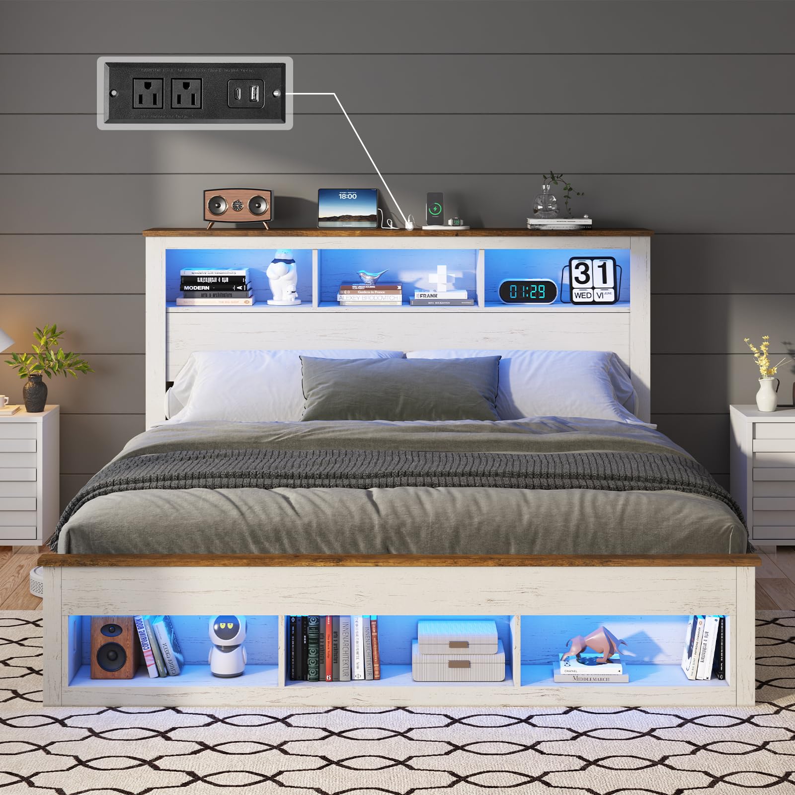 LUXOAK Queen Size Bed Frame with Bookcase Storage Headboard & Footboard, Farmhouse Wood Platform Bed with LED Light & Charging Station, No Box Spring