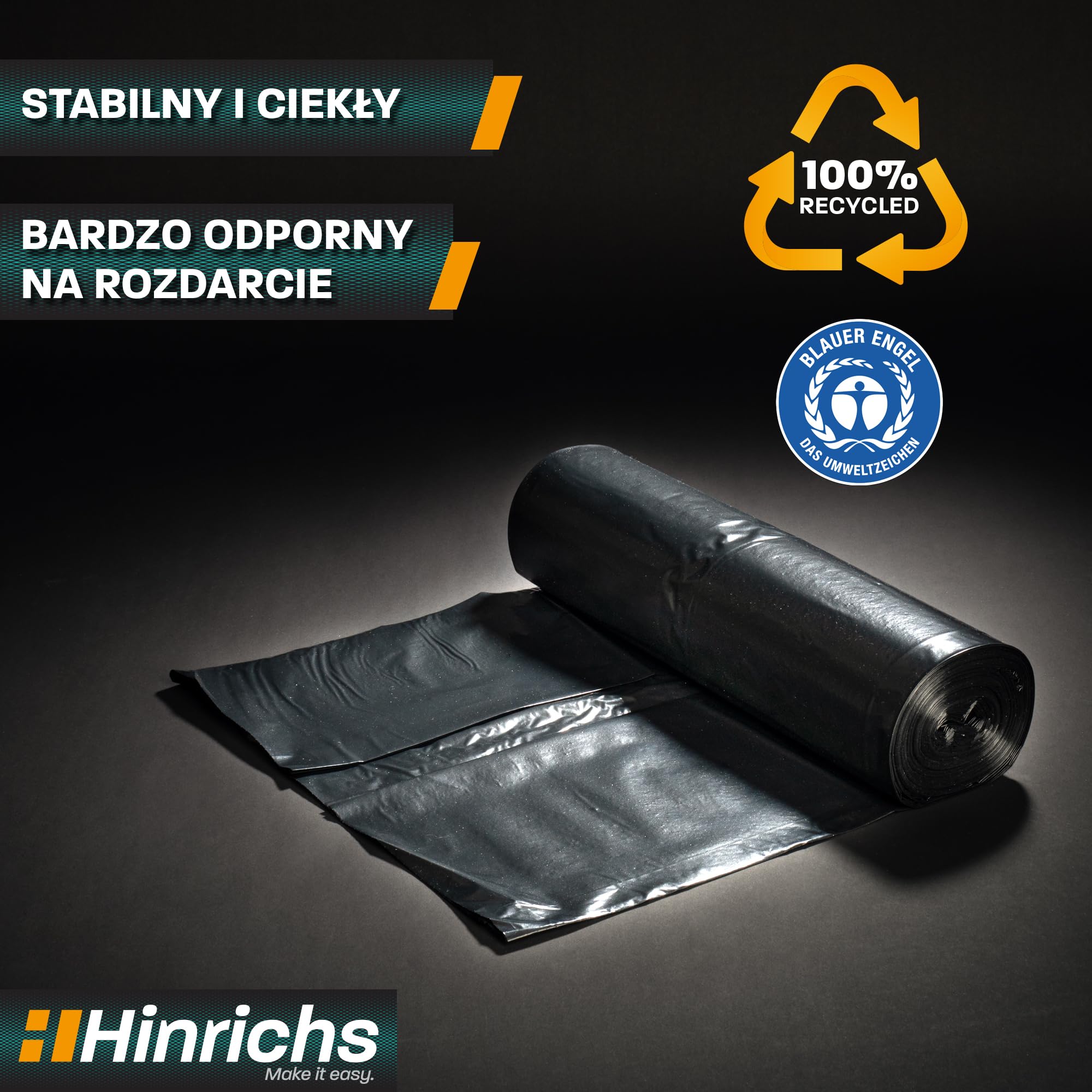 Hinrichs Worki na śmieci 240 l, extra mocne – rolka 15 sztuk – 100 x 125 cm – wyjątkowo odporne na rozdarcia – recyklingowanego LDPE – worki czarne