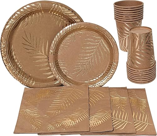 Platos desechables de papel de hoja de palma dorada, vasos, servilletas, juego de fiesta para 16 invitados