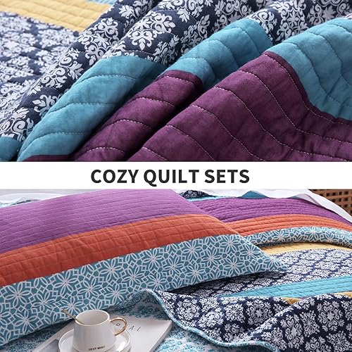 Vista 51 de PERHOM Juego de edredón tamaño Queen – Juego de ropa de cama 100% algodón, colcha ligera reversible de retazos florales para cama Queen, gris Gris