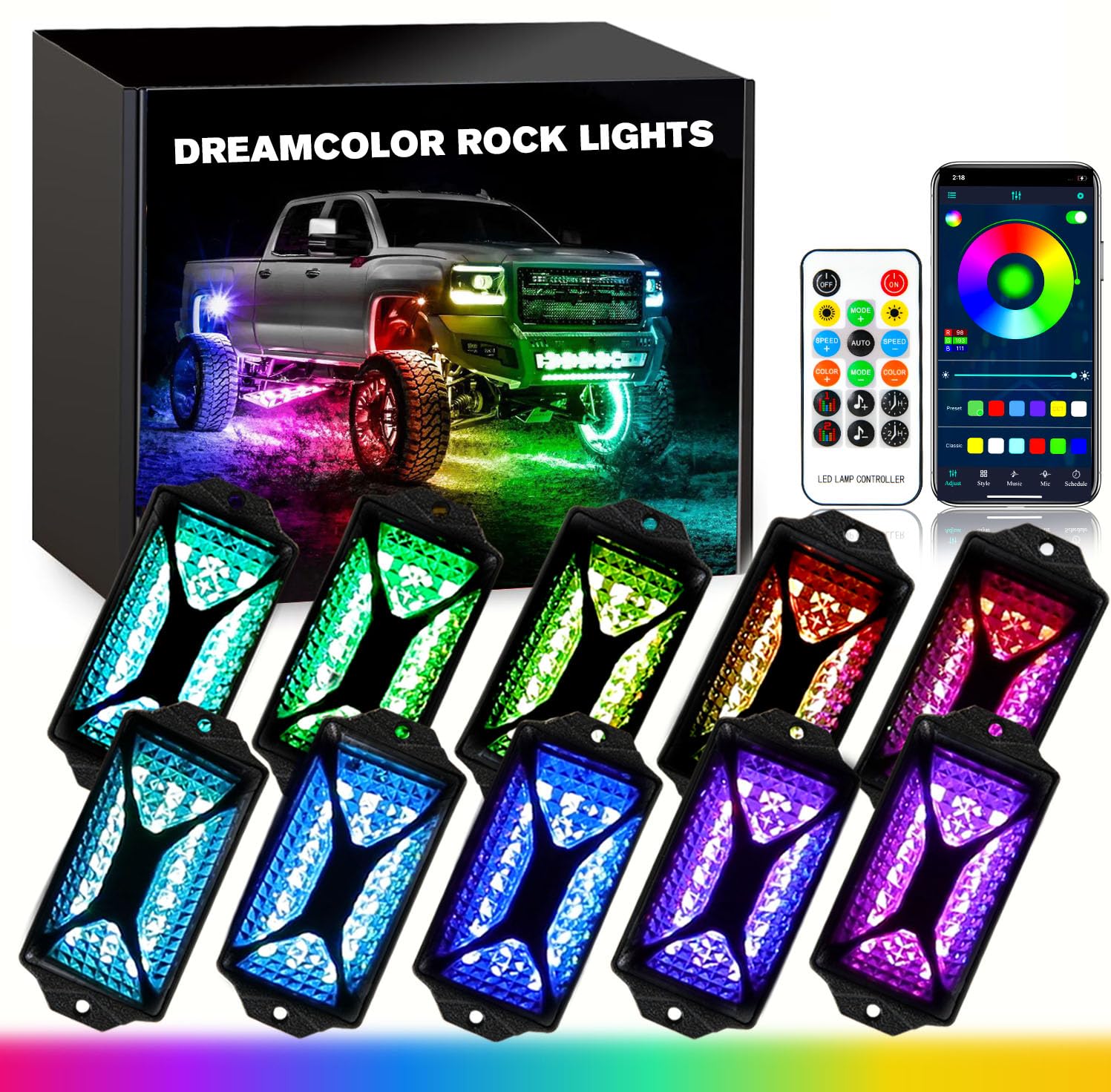 Rich Choices 240 LEDs Rock Lights Kit for Trucks,Dreamcolor 10pcs Underglow Neon Light Pod with Bluetooth App Control Flashing Music Mode Wheel Well Light for Car Jeep Truck ATV RZR UTV SUV Off Road