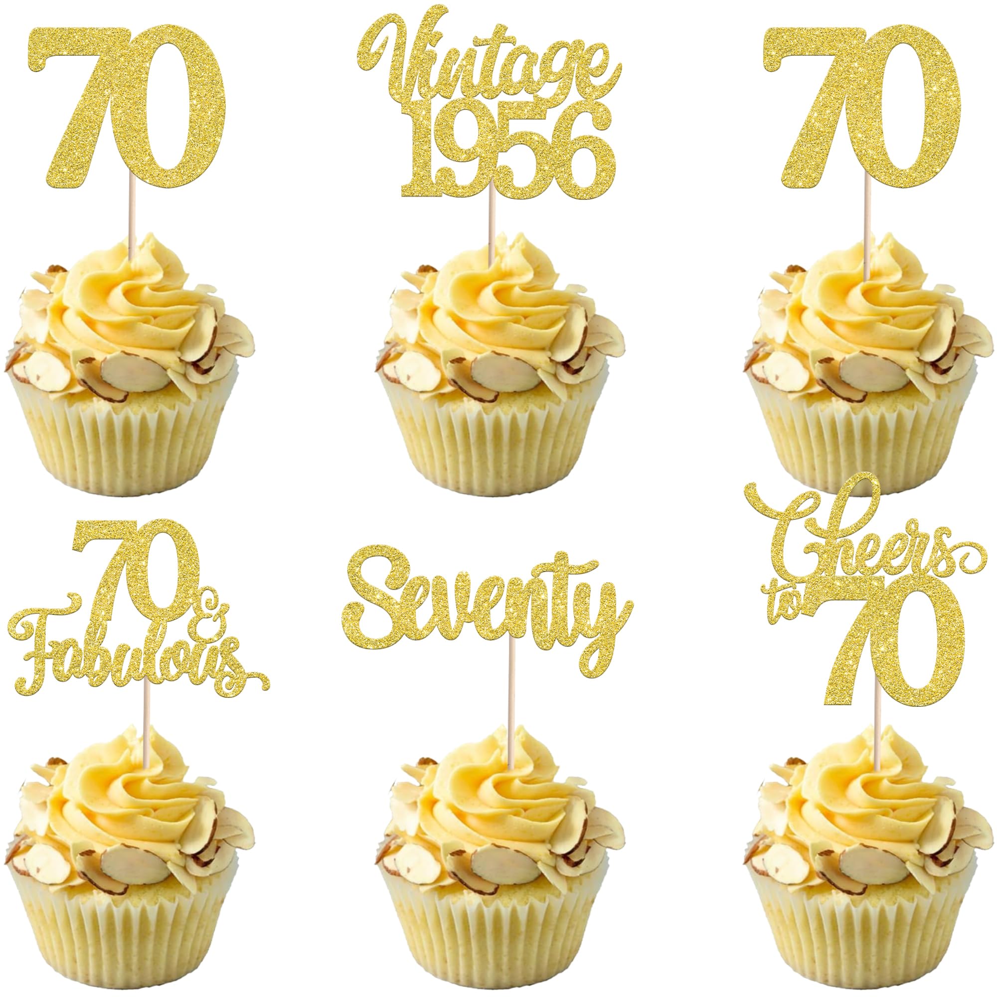 30 Pack Happy 70th Birthday Cupcake Toppers Glitter Hello 70 Seventy Vintage 1956 Cupcake Picks Cheers to 70 Party Decorations for 70th Birthday Anniversary Party Cake Gold