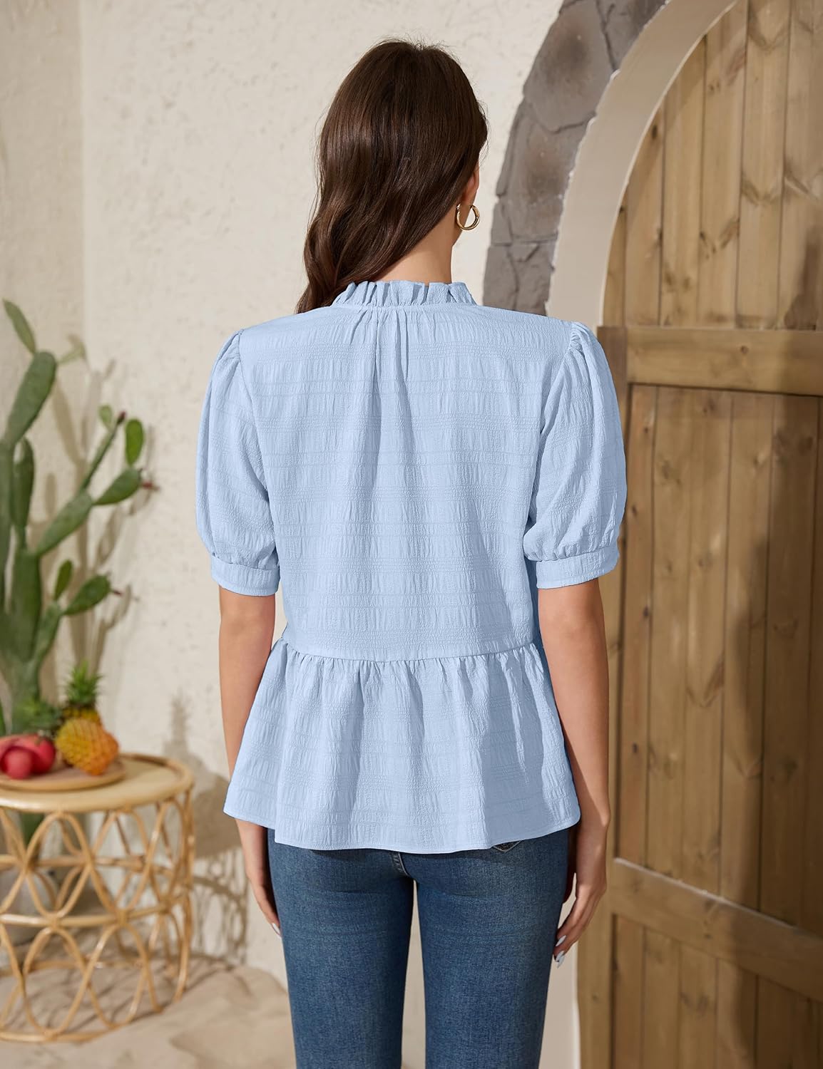 Blooming Jelly Womens Peplum Tops Tie Front Puff Sleeve Cute Summer Blouse Casual Babydoll Trendy Shirt Vacation Outfit - Image 5