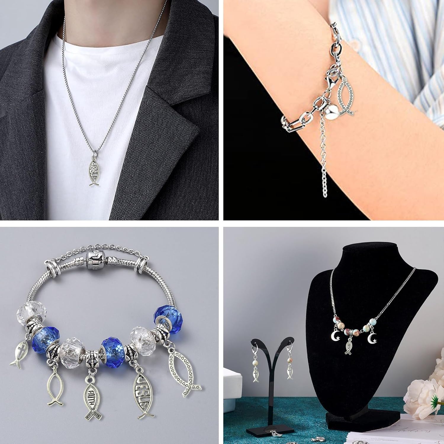 KitBeads 100Pcs 5 Styles Tibetan Jesus Fish Charms - Easter Christian Antique Silver Religious Charms for Jewelry Making Bulk - Image 6