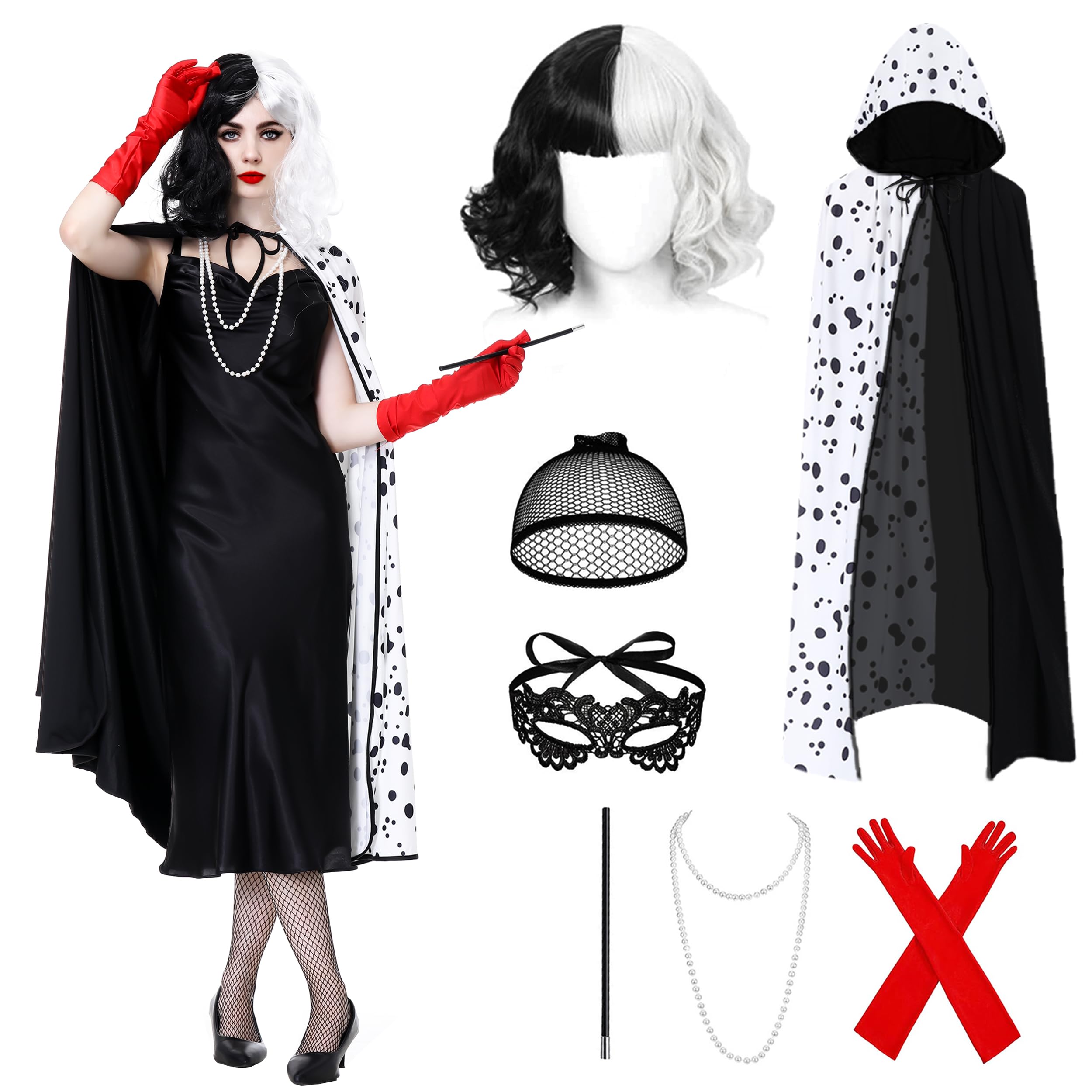 Charmofun 7 Piezas Disfraz Cruella Devil Mujer, Cruella de Vil Disfraz con Collar Peluca Guantes, Traje Halloween Mujer para Carnaval, Fiesta de Disfraces y Cosplay