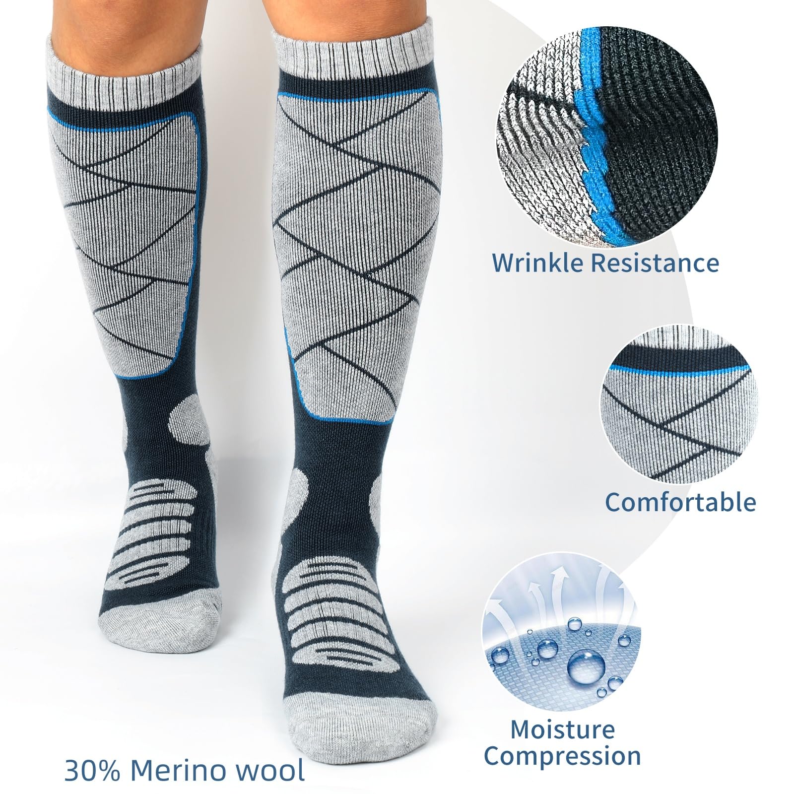 Merino-Woll Ski-Socken für Kinder und Erwachsene, für kalte Wetterbedingungen beim Skifahren, Schneetreiben, Snowboarden, Wintersport – warme Over-The-Calf-Socken für Winteraktivitäten.