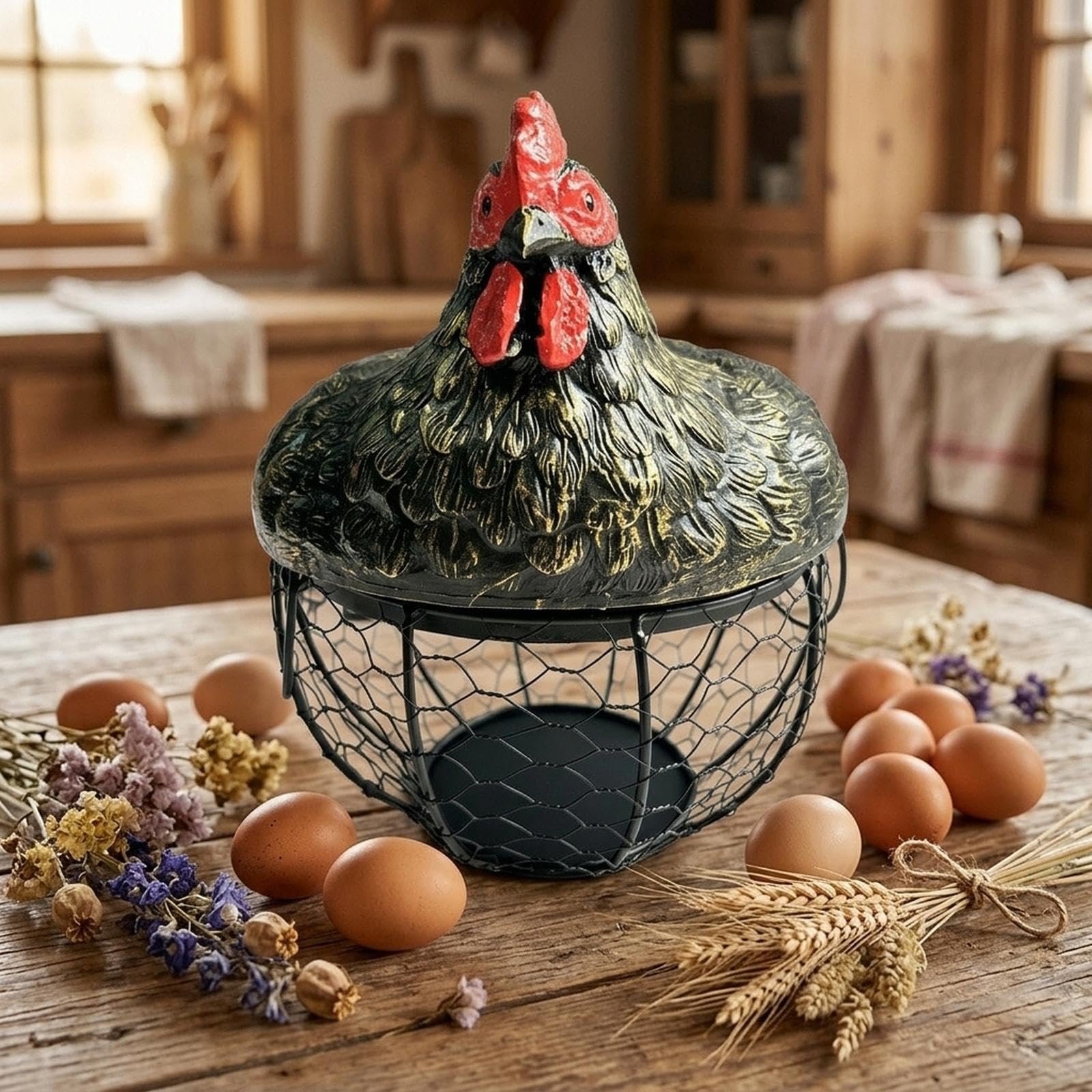 Yajuyi Portador Huevos Canasta Recogida Frutas Verduras Metal Resina Diseño Creativo Función Decorativa Adecuada para Cocina Comedor Regalo, Oro, Individual