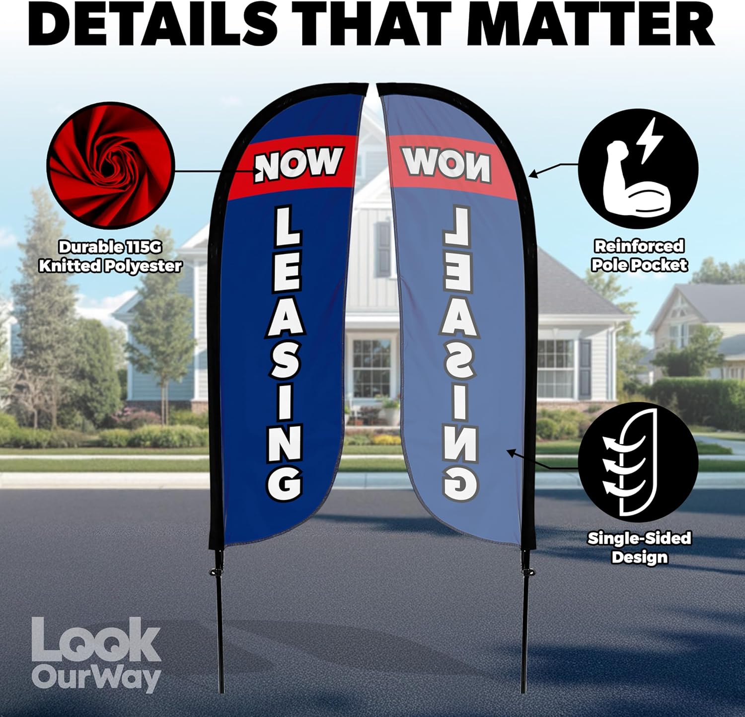LookOurWay Feather Flag Pole Kit - 7 Feet Tall Advertising Banner with Fiberglass Pole Set and Ground Spike for Business Promotion - Real Estate Flags - Now Leasing Blue - Image 4