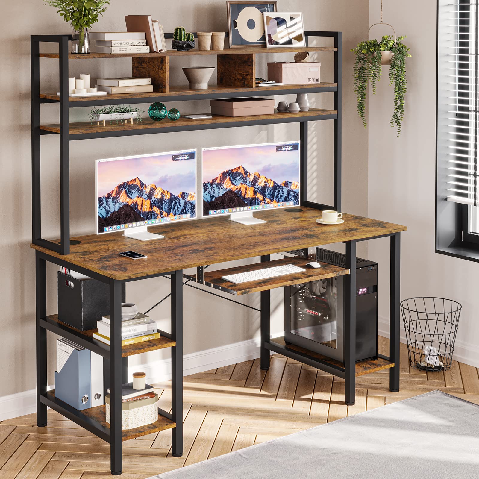 Sedeta Computer Desk with Hutch Keyboard Tray and Monitor Shelf, 55