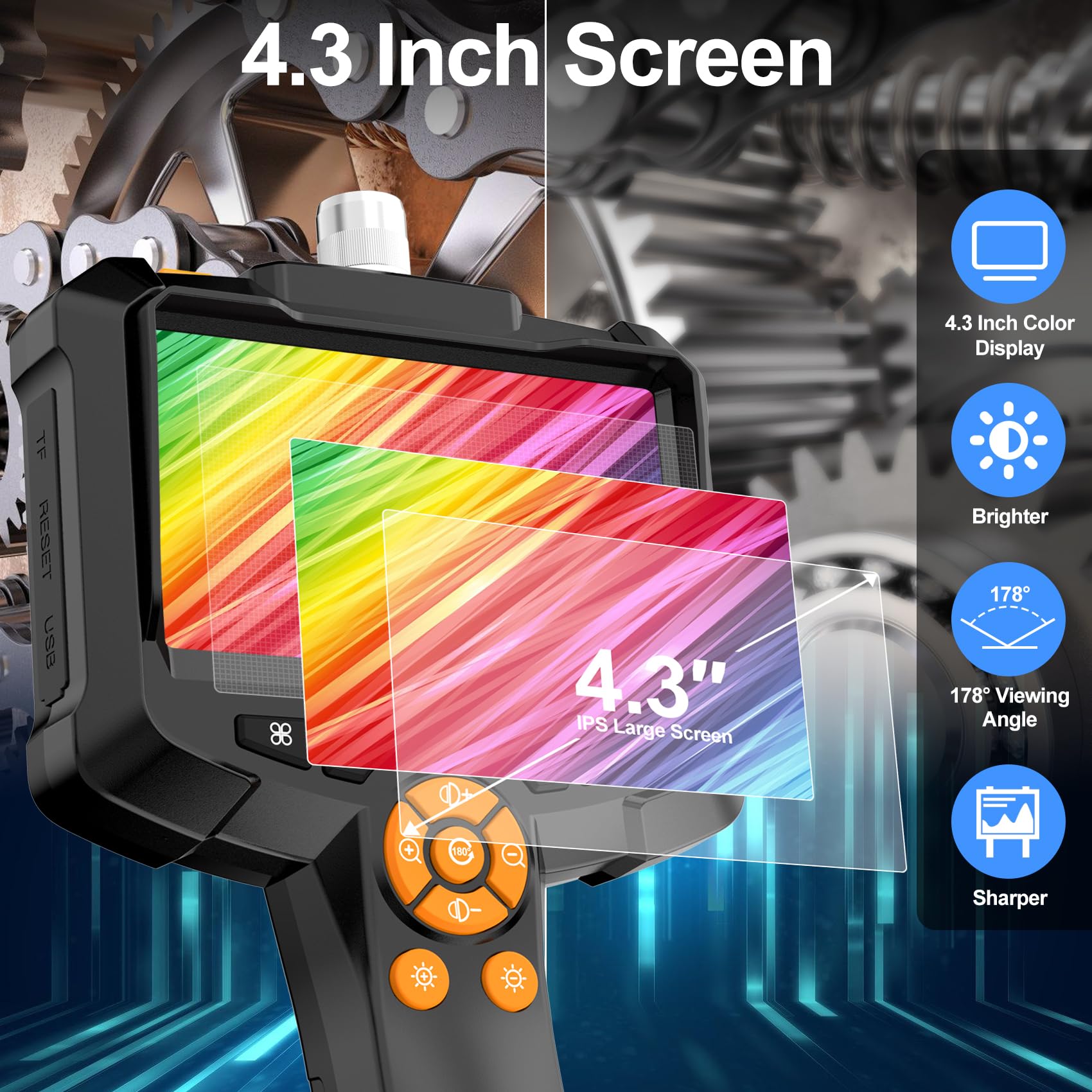 GlobalCrown Endoscopio Professionale,Sonda Telecamera Endoscopica,Telecamera ispezione tubi IPS da 4,3 '' schermo con 8 luci LED,Cavo impermeabile IP67 semi-spirale da 5 m