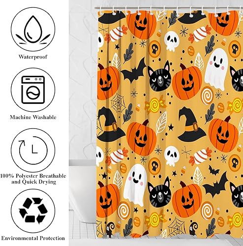 Miniatura 8 de Mocsicka Juego de 4 cortinas de ducha de Halloween para baño, juego de baño de calabaza y fantasma de dibujos animados con alfombras