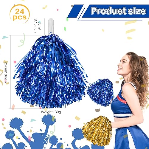 Miniatura 2 de DILIBRA 24 pompones metálicos de animadora para niños, pompones de animadora con mango de bastón, flores de mano de escuadrón de animadoras para