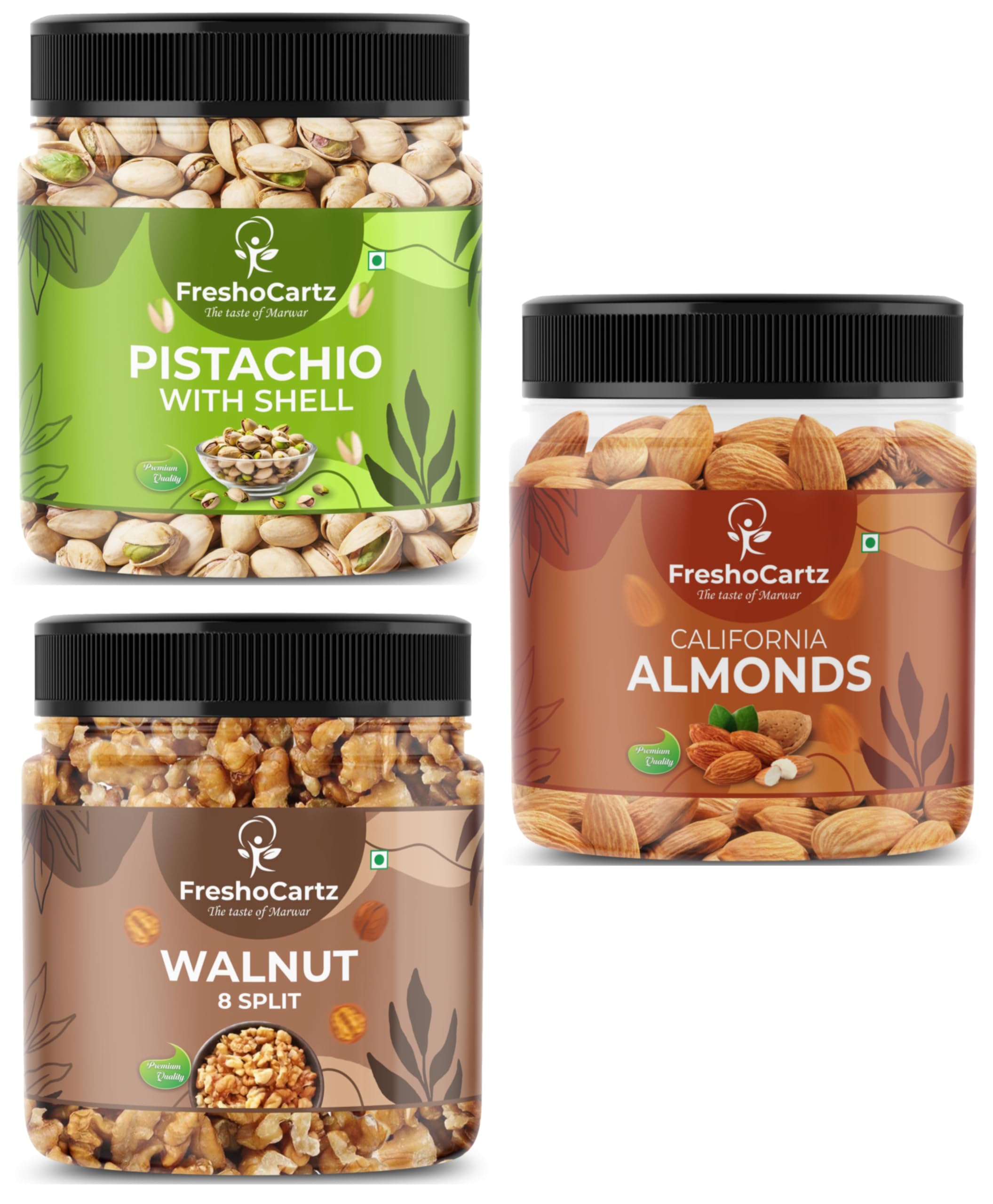 FreshoCartz Dry Fruits Combo | Almonds, Pistachios and Walnut 250g Each | Badam Pista Akhrot Dry Fruits Gift Hamper for Family and Employees - Jar Pack (Dry Fruits Combo, 250g (Pack of 3)) (B0D817FXM2) Amazon Price History, Amazon Price Tracker