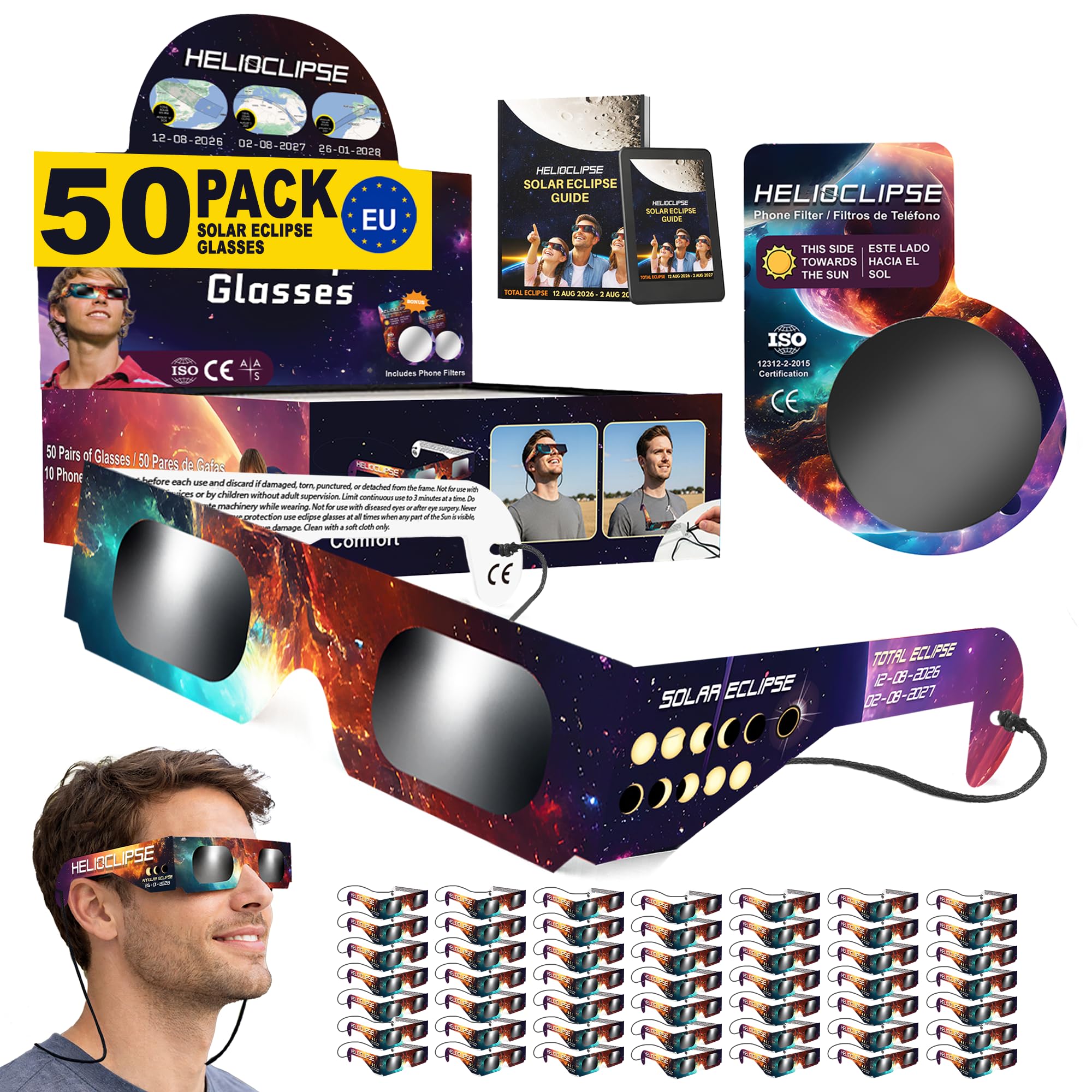 Helioclipse 50 Pack Approved Solar Eclipse Glasses 2026 ISO 12312-2